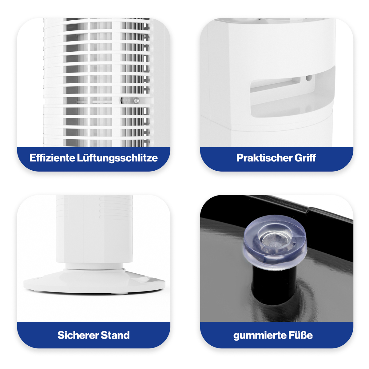 Zbliżenia białego wentylatora wieżowego pokazujące cechy: otwory wentylacyjne, uchwyt, podstawa i gumowe nóżki.