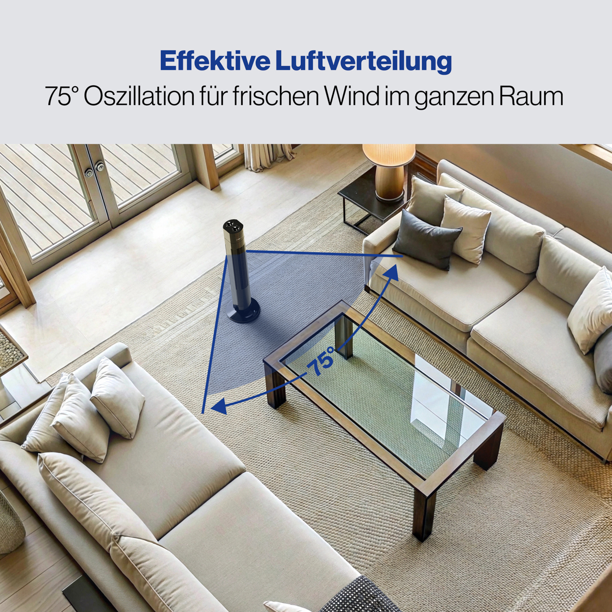 Salon z wentylatorem, sofami i szklanym stolikiem. Tekst wskazuje na oscylację 75 stopni dla przepływu powietrza.