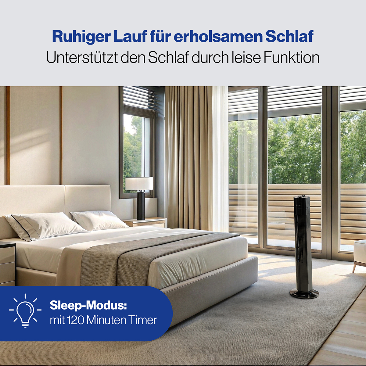 Sypialnia z łóżkiem, wentylatorem i dużymi oknami. Nakładka tekstowa: 'Cicha praca dla spokojnego snu'.