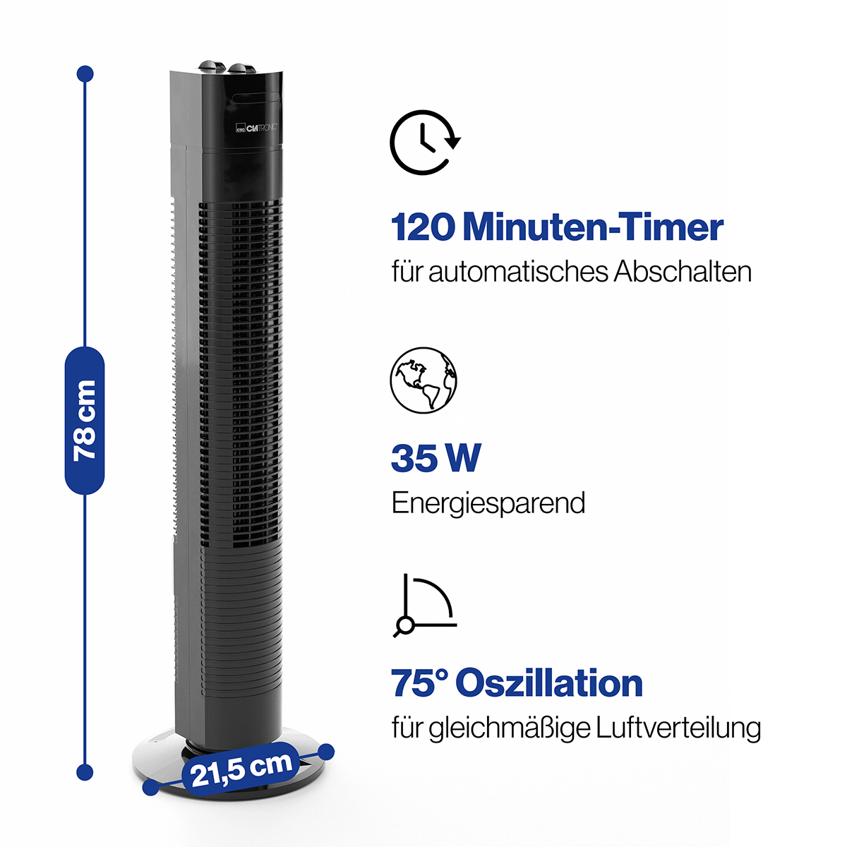 Czarny wentylator wieżowy, pokazujący wymiary i funkcje: timer, 35W, oscylacja 75°.