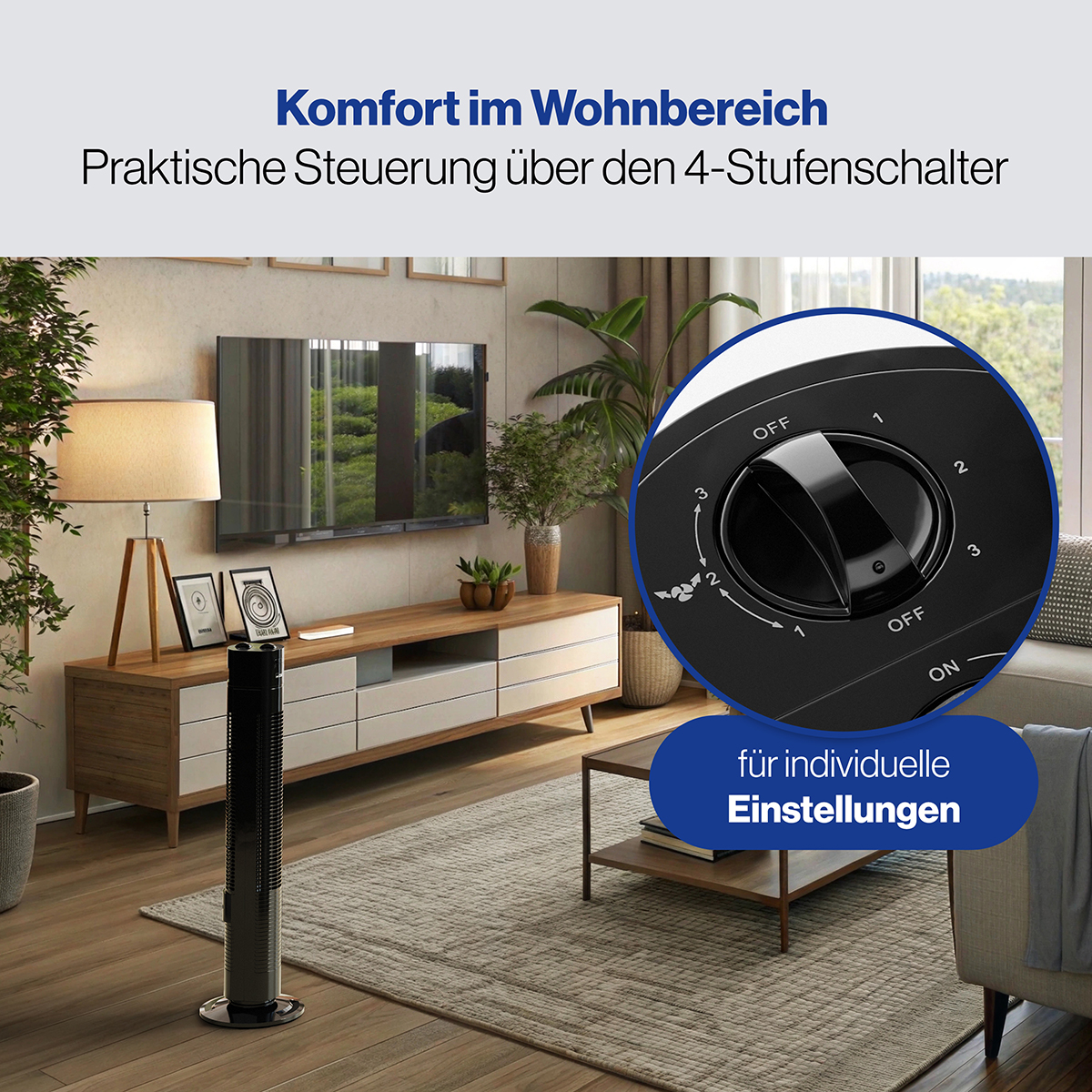 Czarny wentylator wieżowy z panelem sterowania, w salonie z meblami. Niebieski tekst.