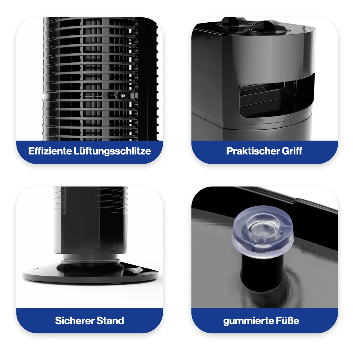 Cztery obrazy z tekstem o czarnym wentylatorze wieżowym: Wydajne szczeliny powietrzne, praktyczny uchwyt, stabilna podstawa, gumowe nóżki.