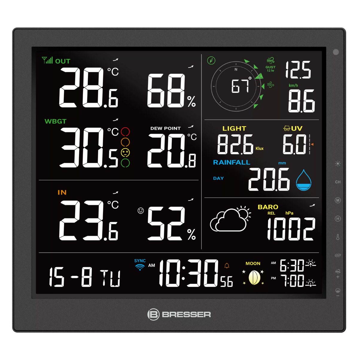 Estación meteorológica digital con lecturas de temperatura, humedad y hora.