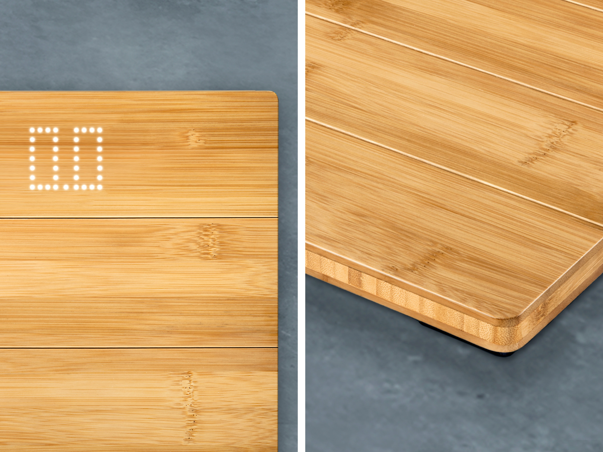 Zbliżenie na bambusową deskę do krojenia. Widoczne usłojenie i faktura drewna. Jasnobrązowy kolor. Szare tło.