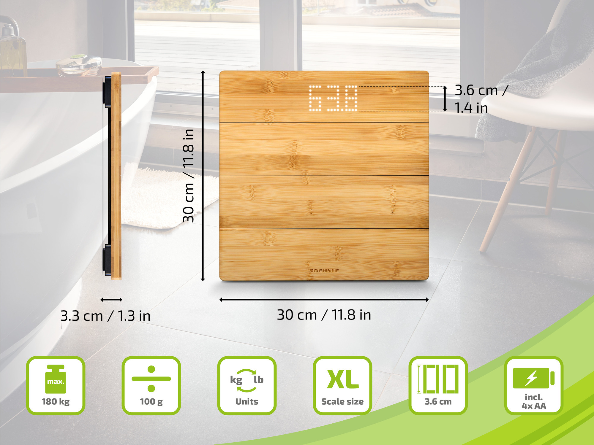 Bambusowa waga łazienkowa z cyfrowym wyświetlaczem. Pokazuje wagę jako 63,8. Z wymiarami w cm/in.