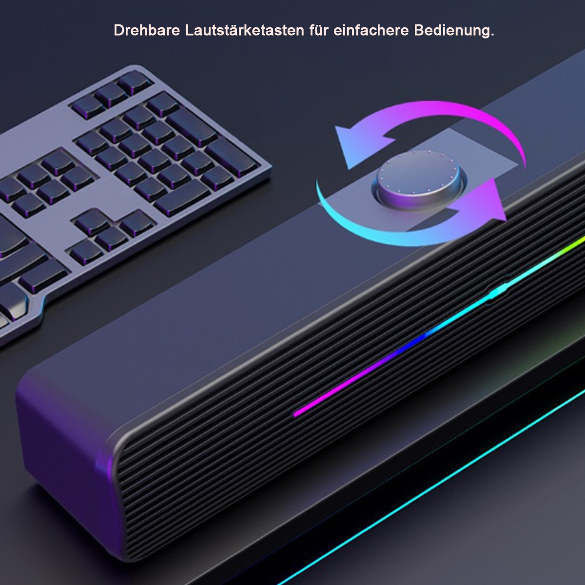 Soundbar mit Pfeilen, die die Drehung des Lautstärkereglers anzeigen. Tastatur links.