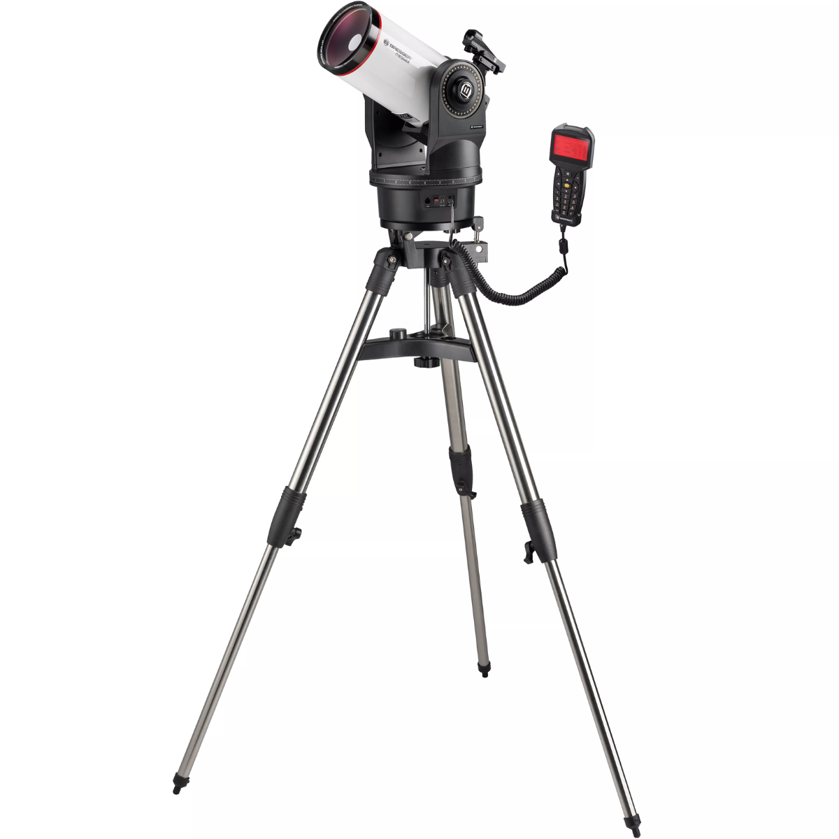 Un telescopio sobre un trípode. Es blanco y negro con detalles rojos, sobre fondo blanco.
