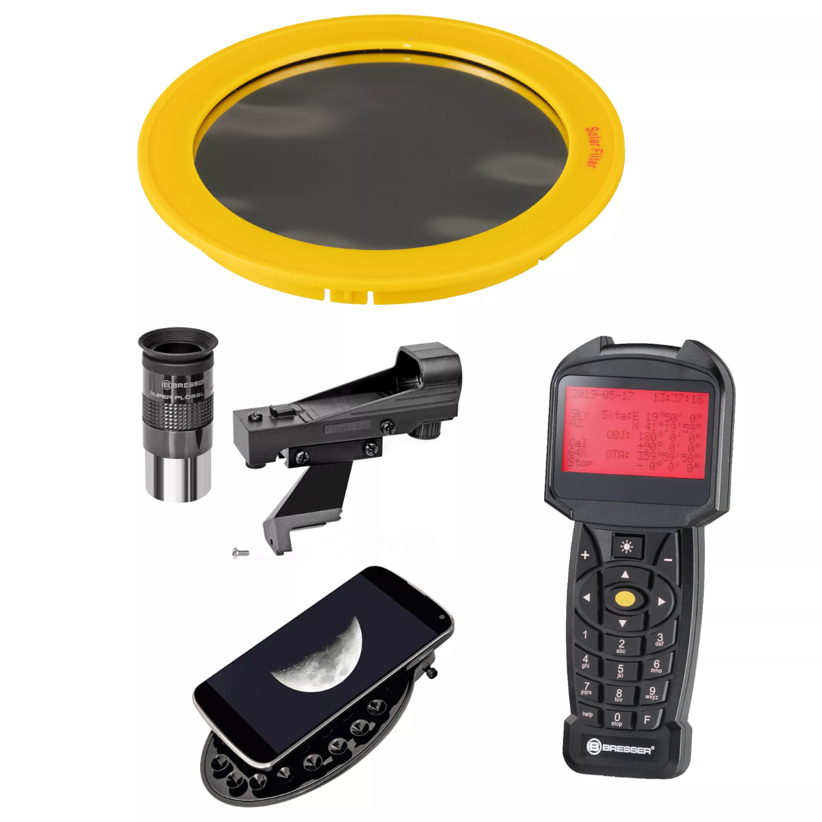 Accesorios de telescopio. Incluye filtro solar, ocular, soporte, adaptador de teléfono y mando a distancia.