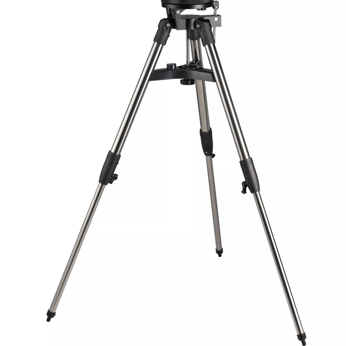 Trípode plateado con tres patas, perfecto para sostener un telescopio o cámara.