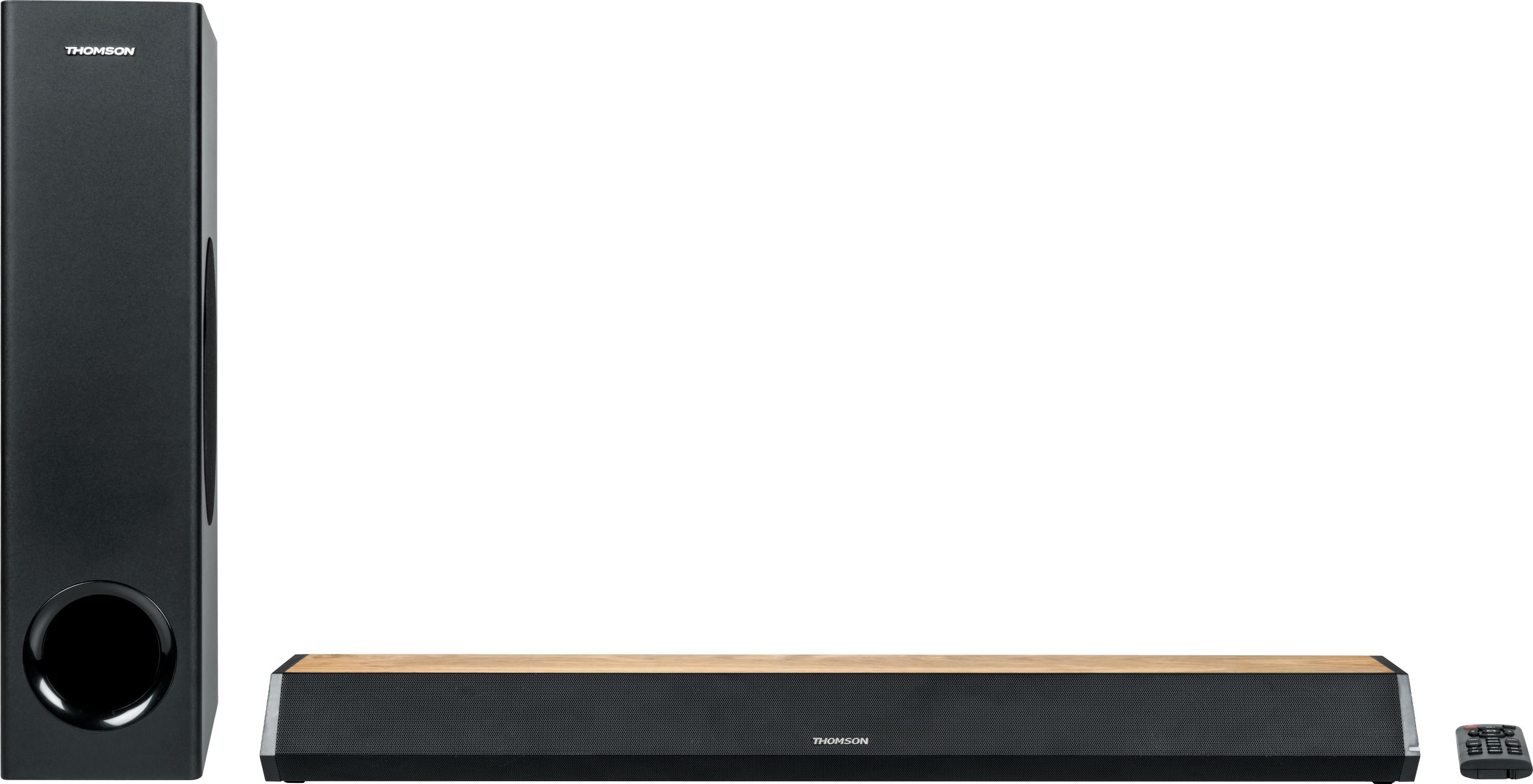 Un set di soundbar e subwoofer neri, con un pannello simile al legno sulla soundbar, su bianco.