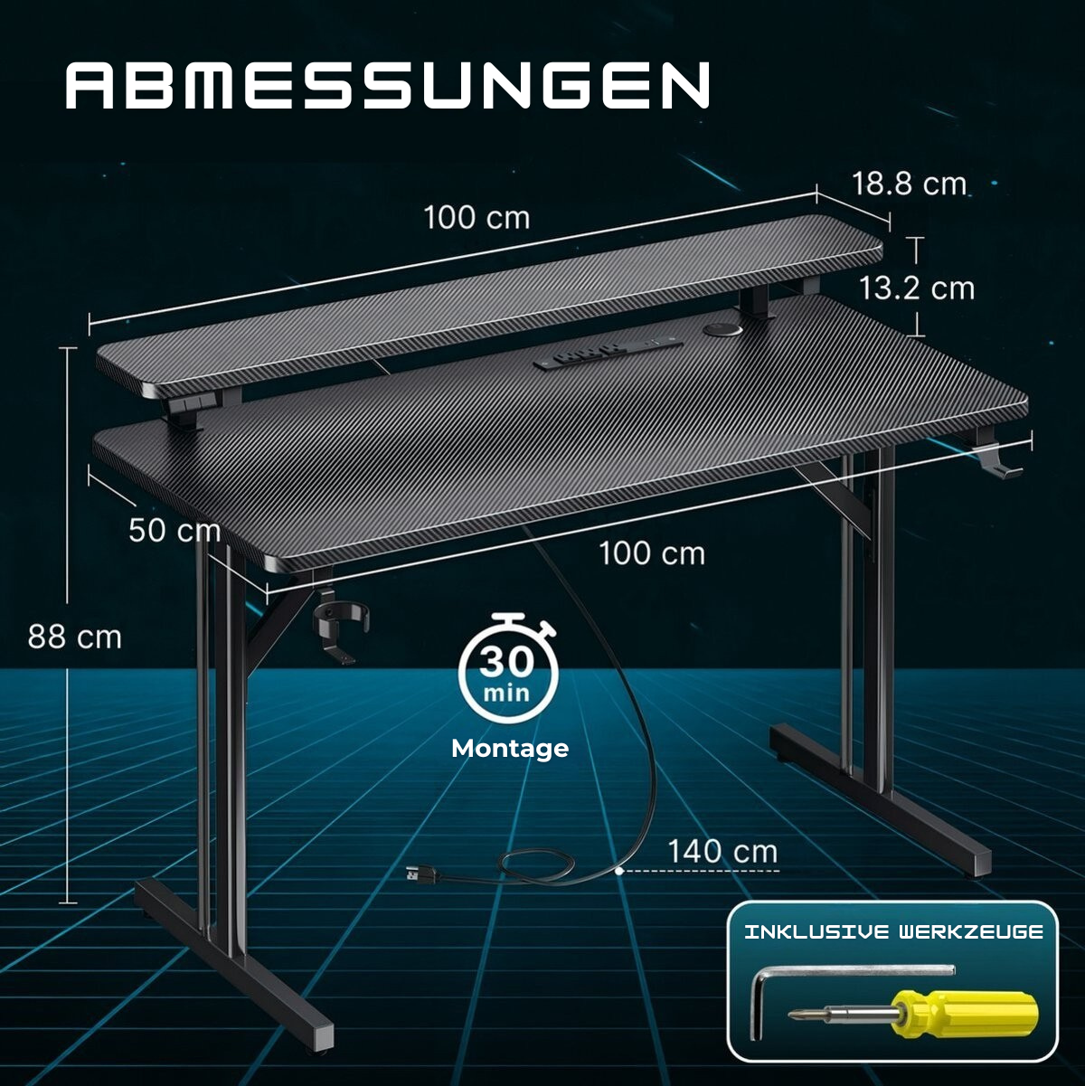 Zwarte gamingtafel met afmetingen. Een schroevendraaier en inbussleutel zijn rechtsonder inbegrepen.