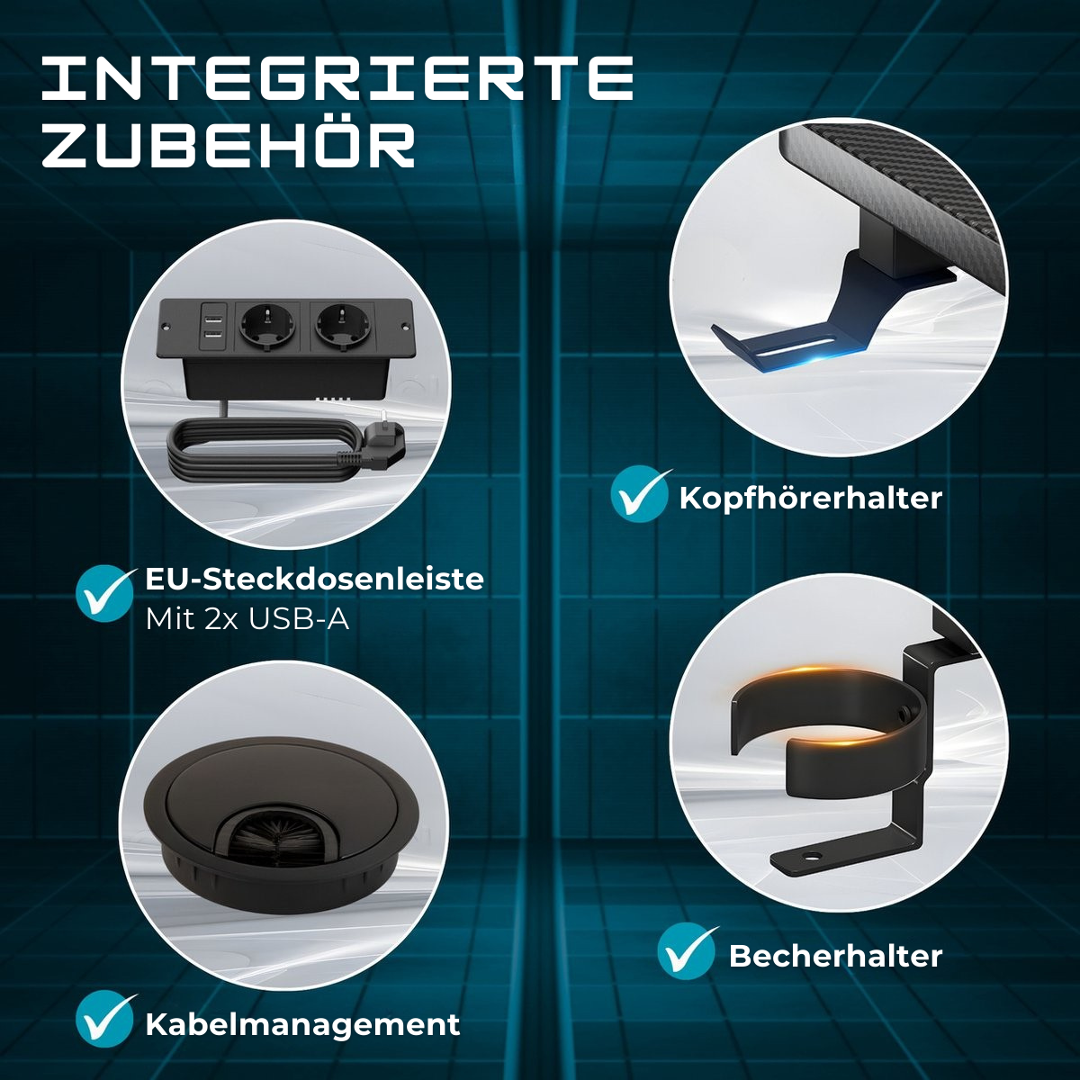 Diagram met geïntegreerde accessoires. Inclusief USB-poorten, beker- en koptelefoonhouders.