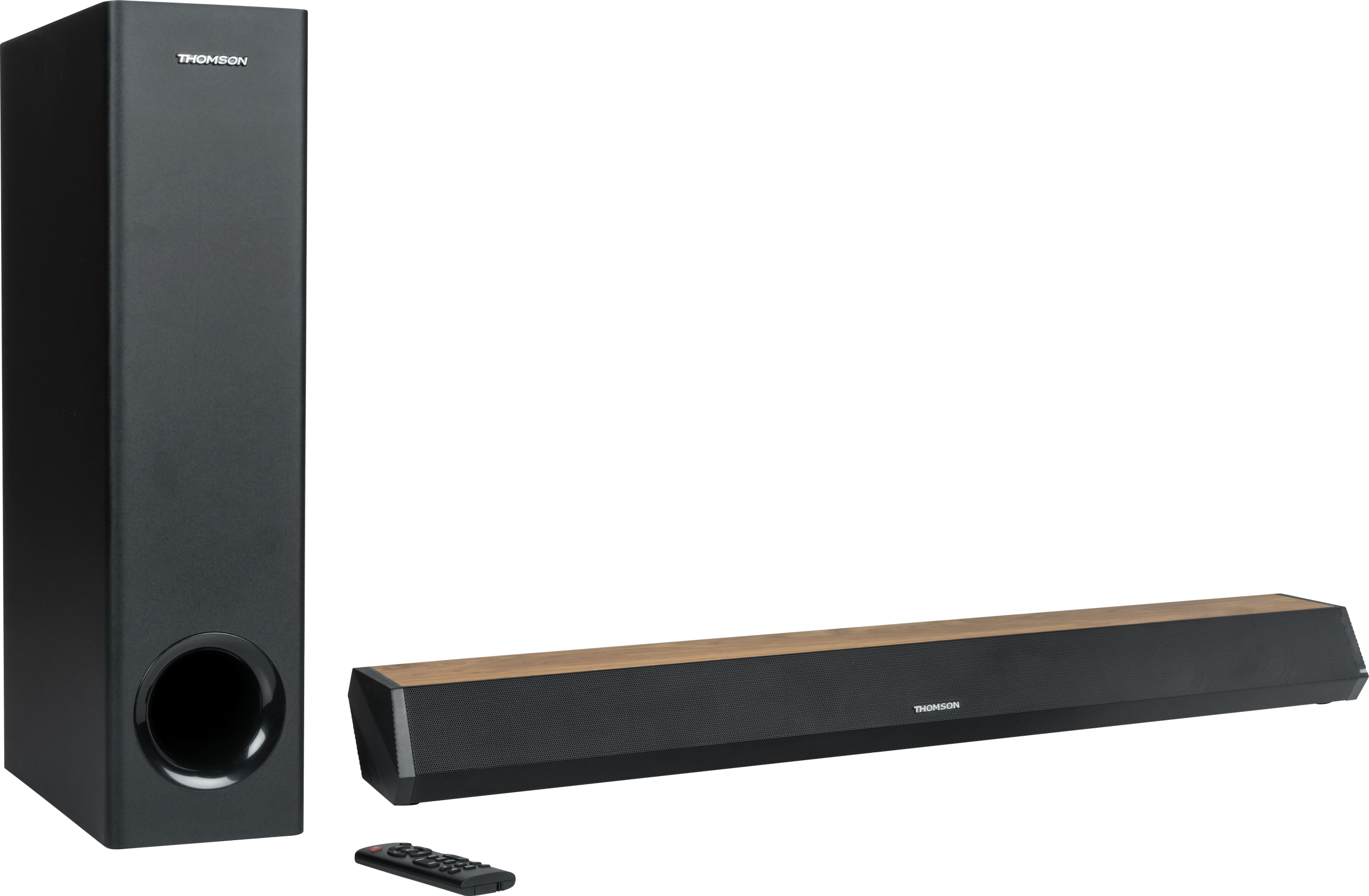 Soundbar e subwoofer Thomson. La soundbar è nera e color legno. Il subwoofer è nero.