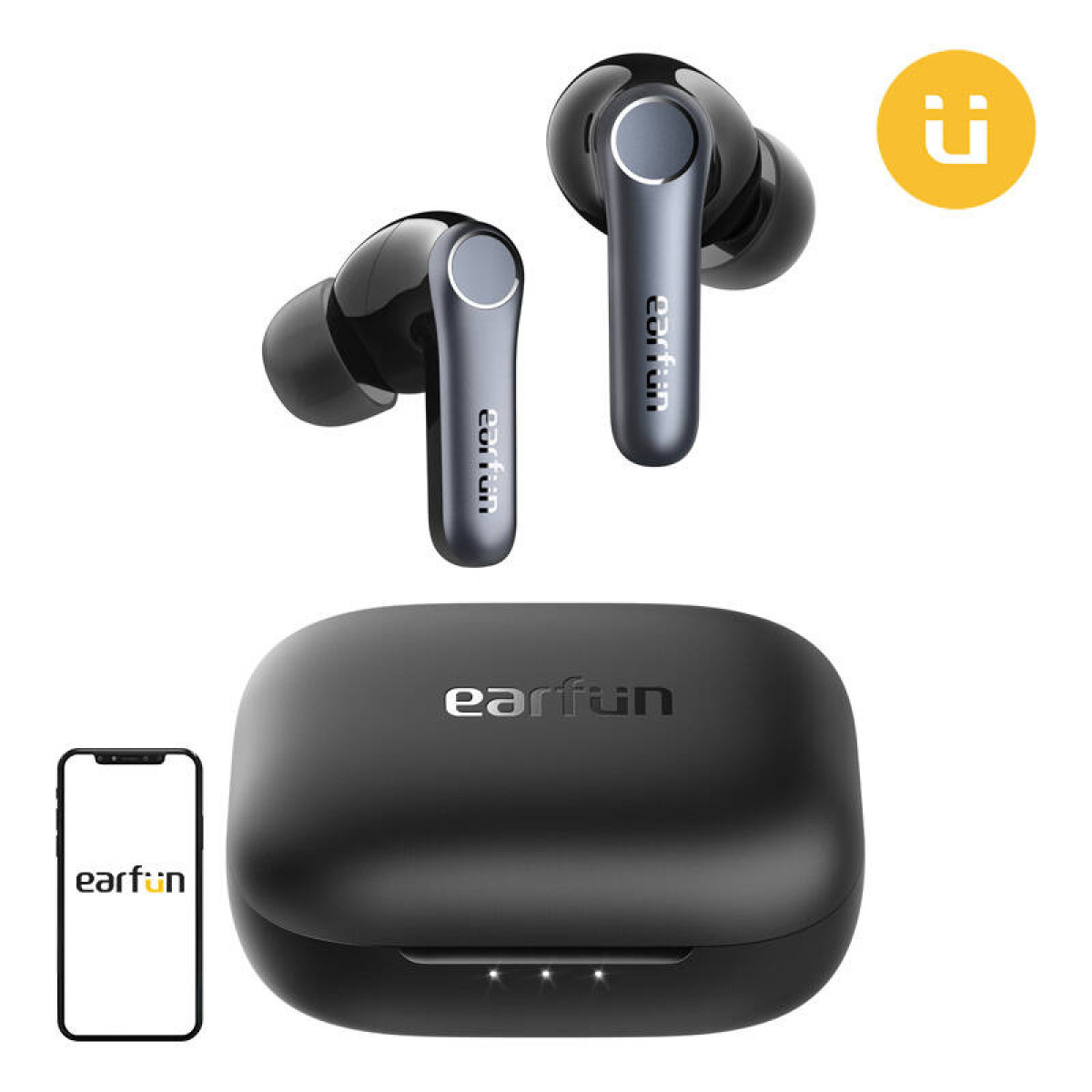 Kabellose Earfun-Ohrhörer mit Ladecase und Telefonbild. Schwarze Farbe.