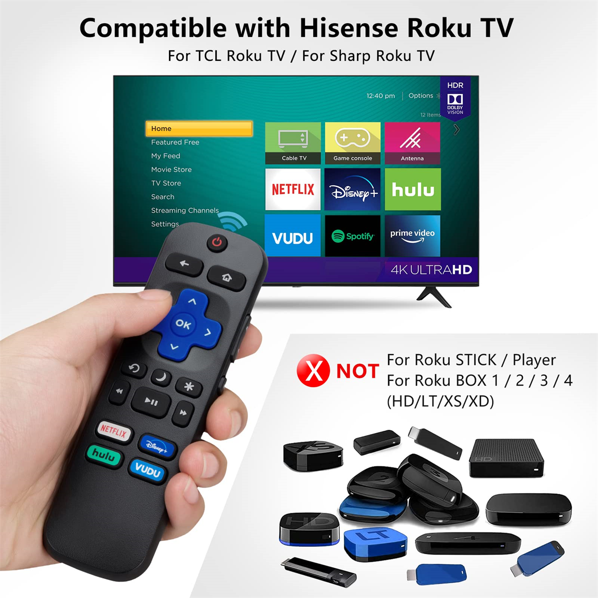 Mann hält Roku-Fernbedienung, TV-Bildschirm mit Roku-Oberfläche, verschiedene Roku-Geräte darunter.