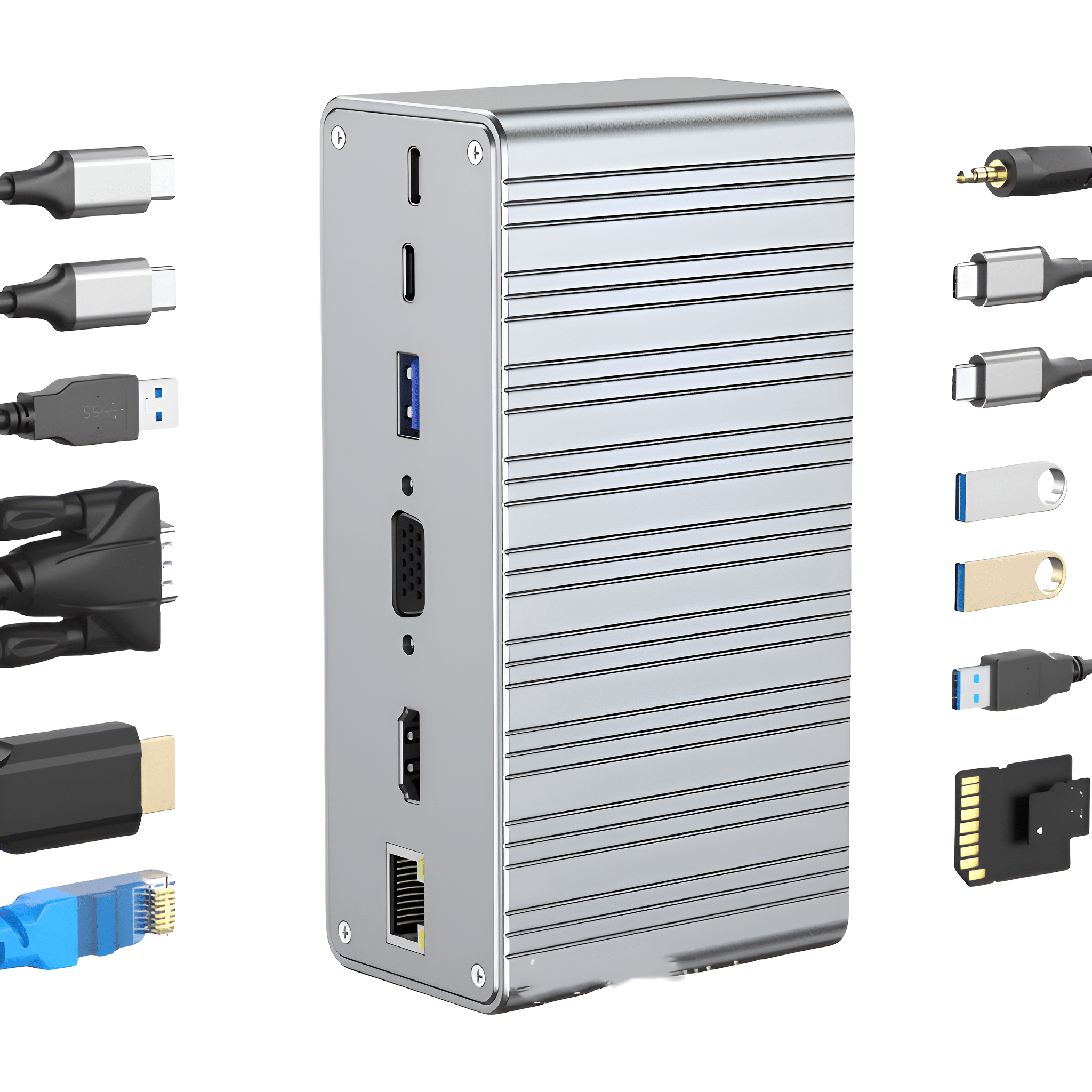 Silberner Metall-Hub mit mehreren Anschlüssen. USB, HDMI und andere Kabelanschlüsse sind sichtbar.