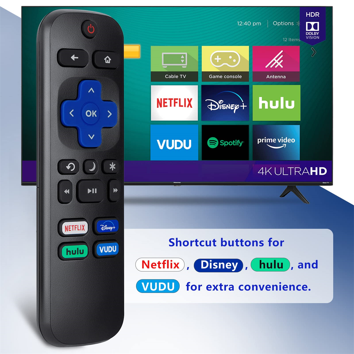 TV-Fernbedienung mit Verknüpfungstasten für Netflix, Disney+, Hulu und Vudu.
