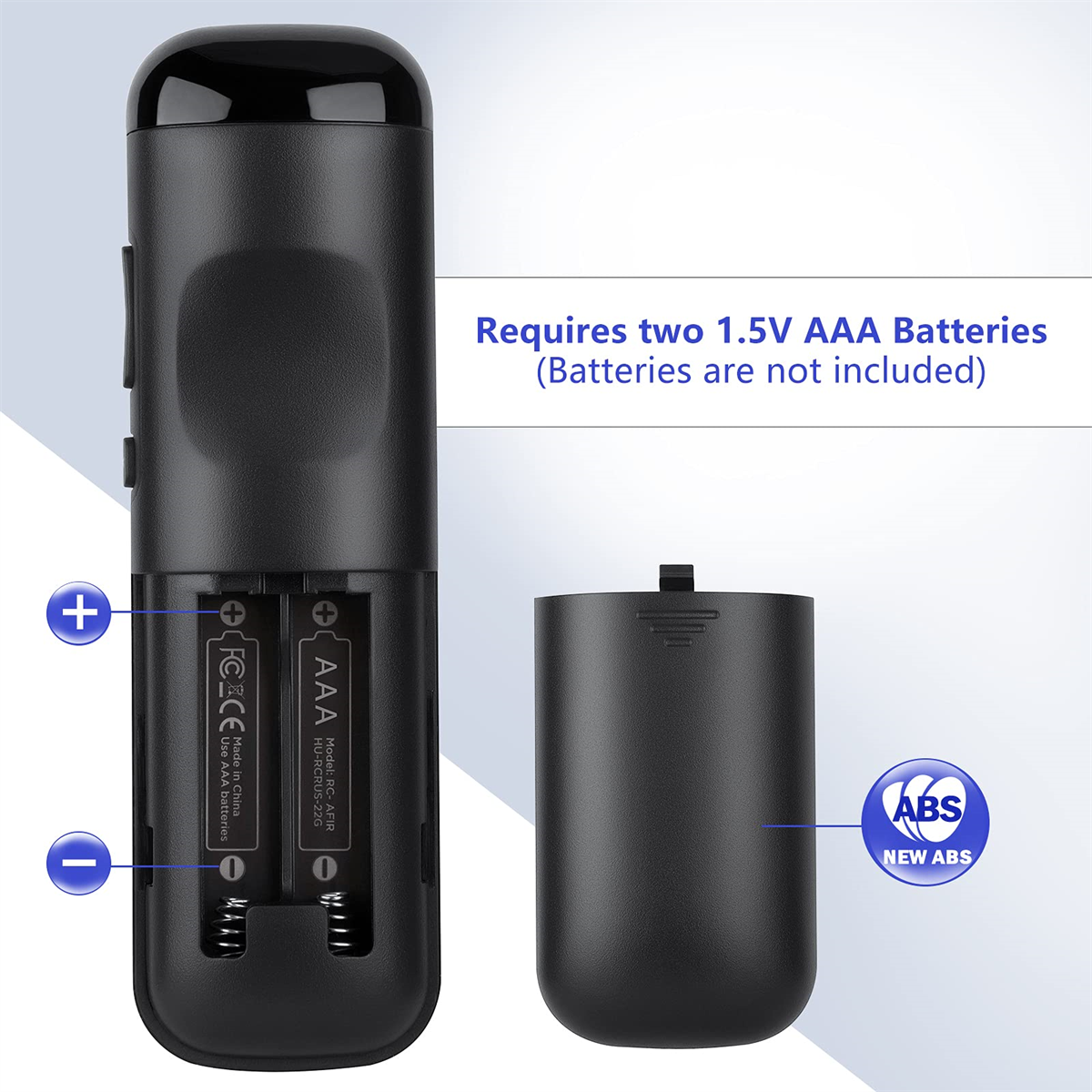 Schwarze Fernbedienung. Benötigt zwei AAA-Batterien (nicht enthalten). Markiert mit + und -.