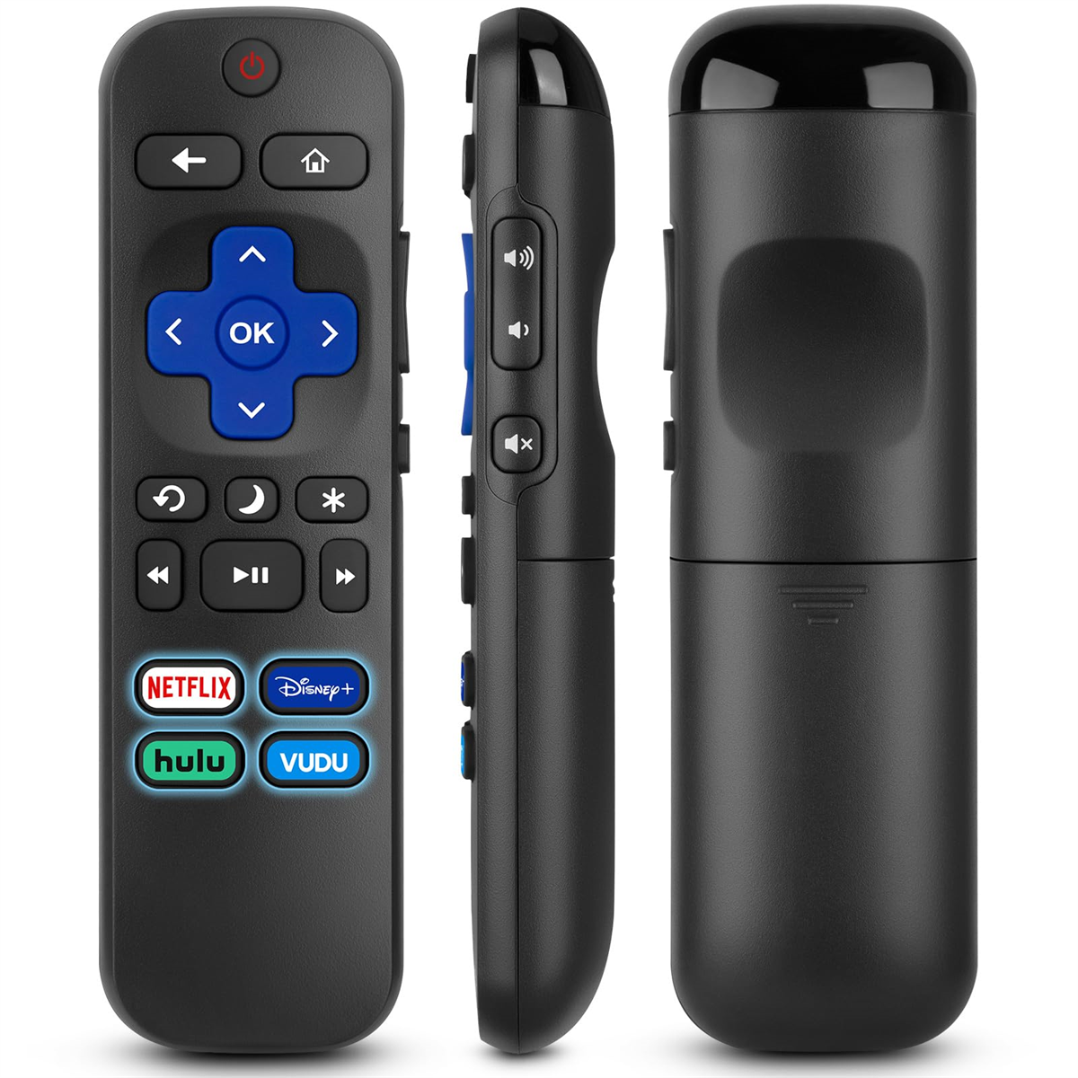 Dreifachansicht einer schwarzen Fernbedienung. Tasten umfassen OK, Netflix, Disney+, Hulu, Vudu.