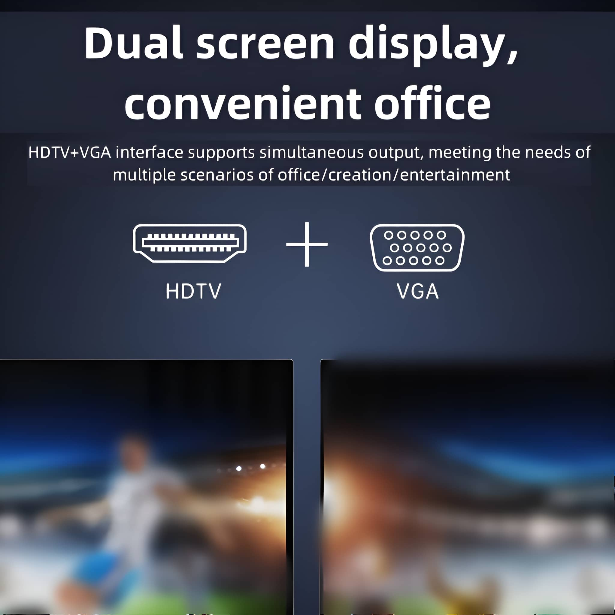 Dual-Screen-Anzeige, Grafik mit HDTV- und VGA-Schnittstellensymbolen. Verschwommener Hintergrund.
