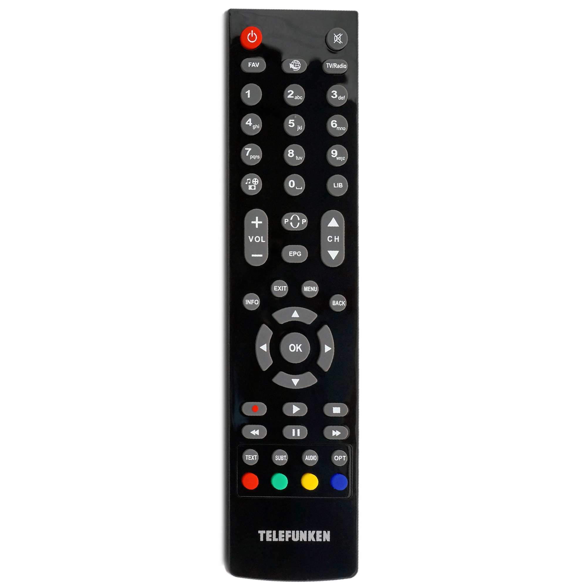 Schwarze TV-Fernbedienung mit vielen Tasten; Markenname TELEFUNKEN.