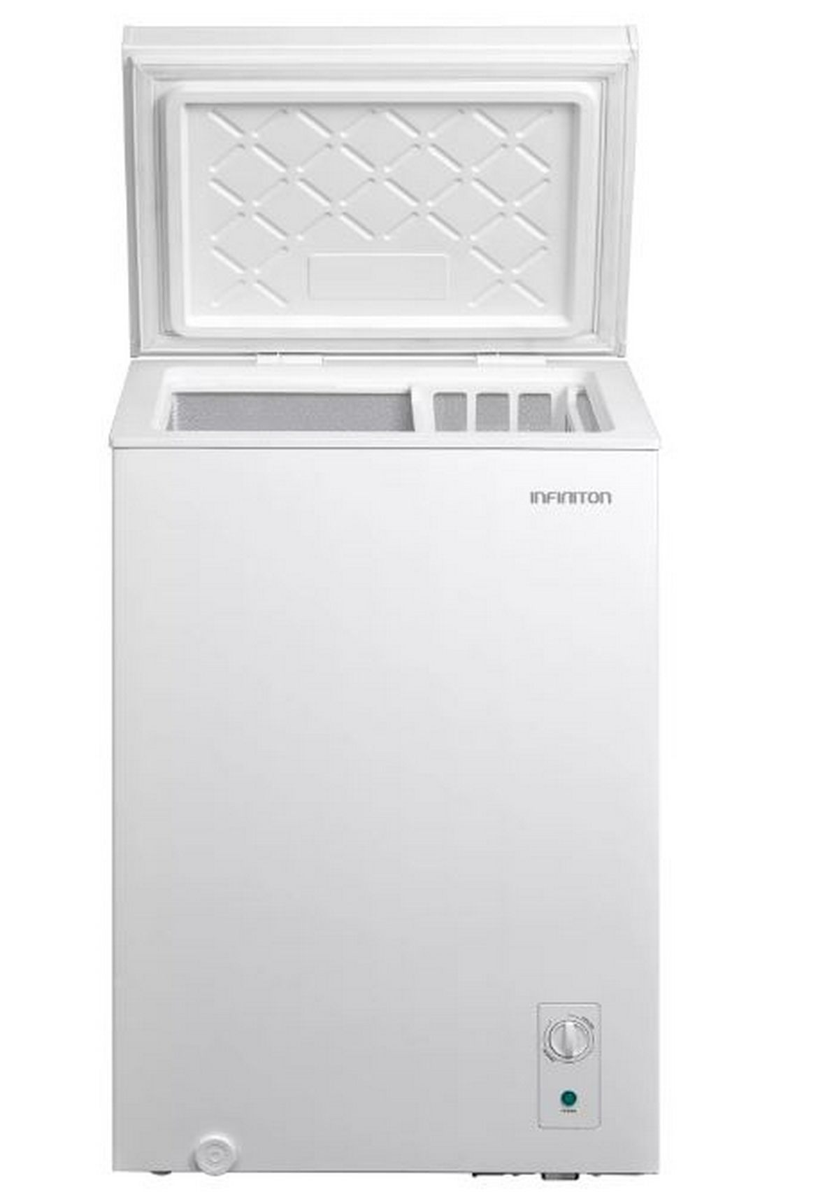 Un congelador blanco de Infinition con la tapa abierta, mostrando su almacenamiento interno y controles.