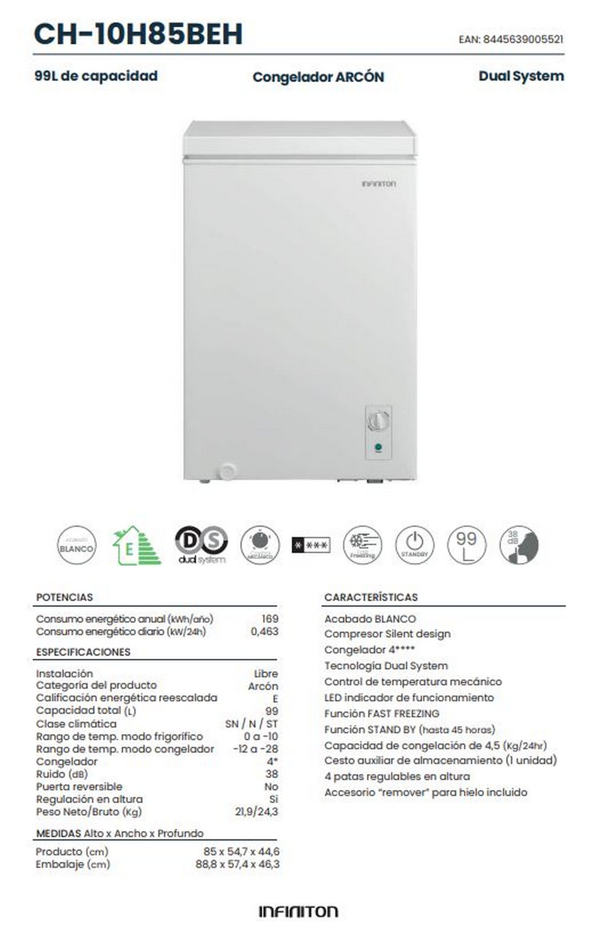 Congelador horizontal blanco con detalles del producto, especificaciones y fondo blanco.
