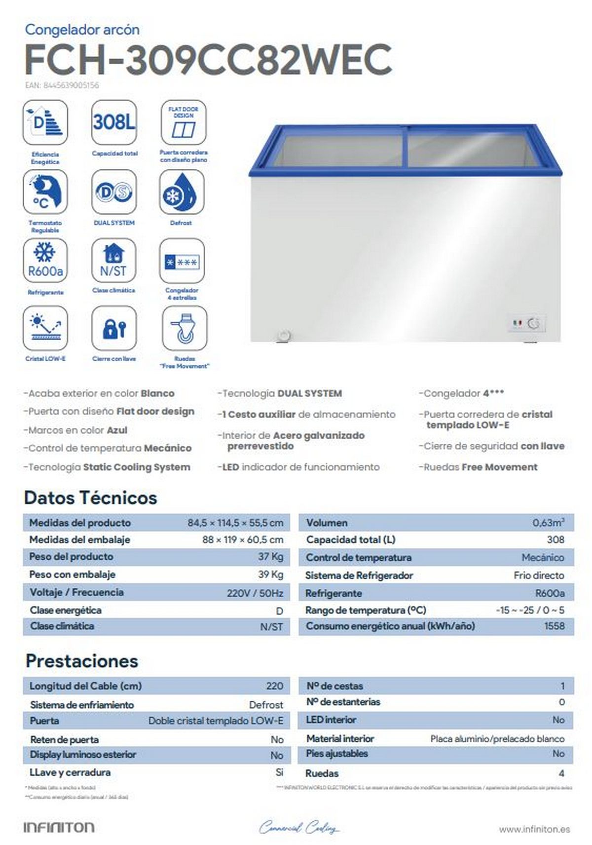 Congelador arcón con texto y diagramas. Cuenta con exterior blanco y dos puertas transparentes.