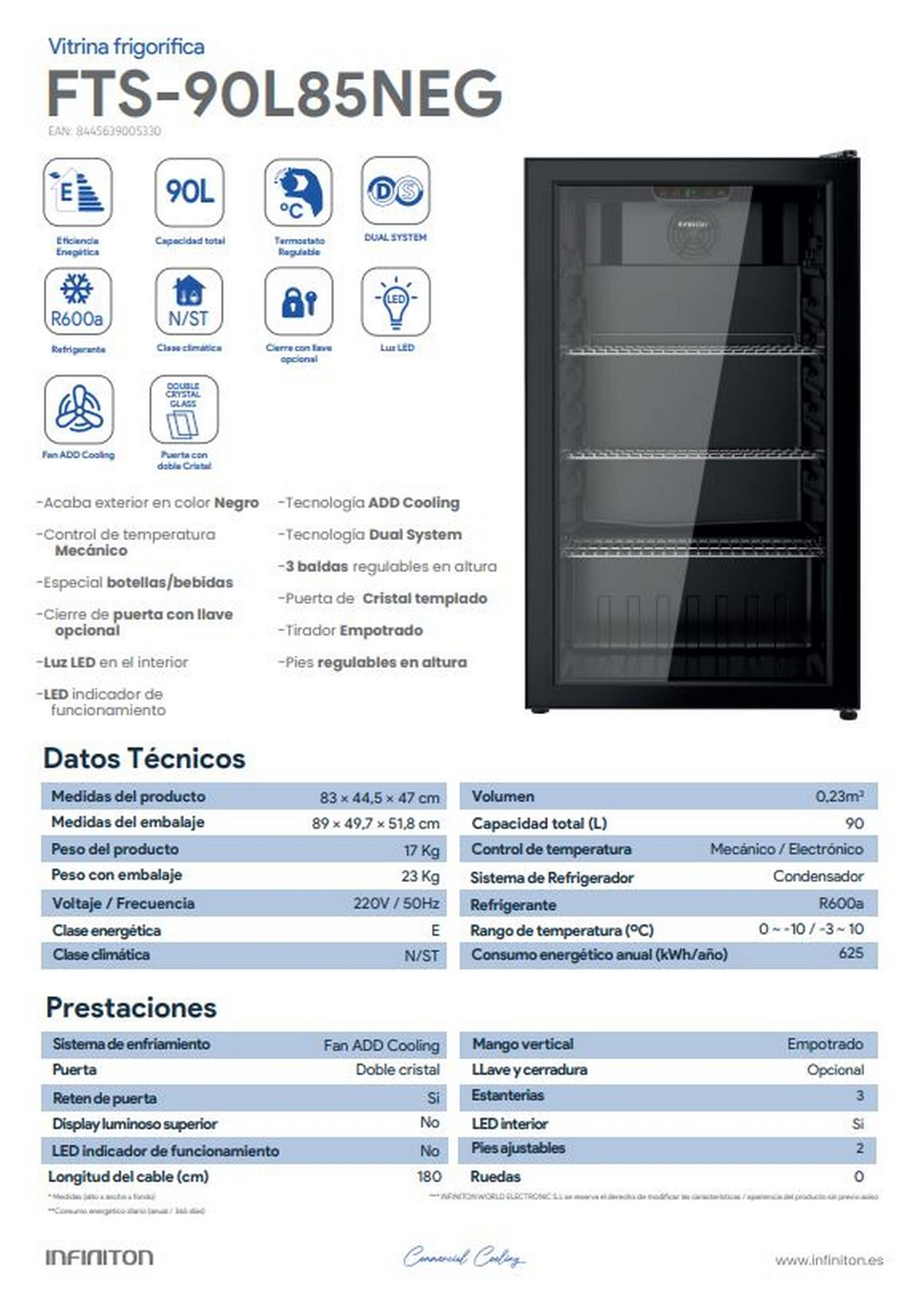 Refrigerador negro con puerta de vidrio, mostrando estantes y detalles internos.