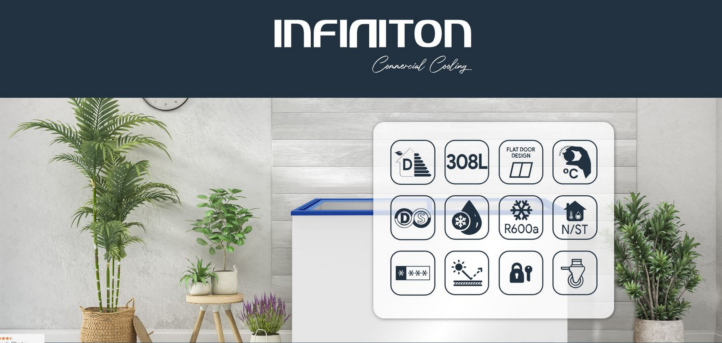 Congelador INFINITON blanco con iconos y plantas, con el logo INFINITON en la parte superior.
