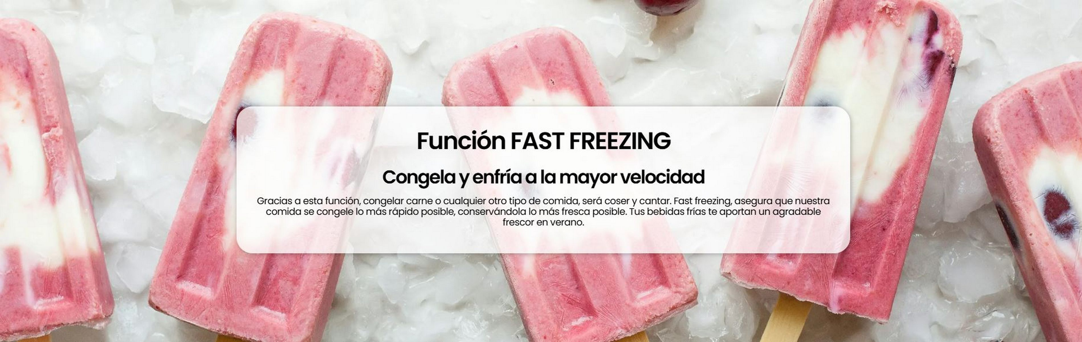 Helados sobre hielo picado. Texto en un banner transparente: CONGELACIÓN RÁPIDA.
