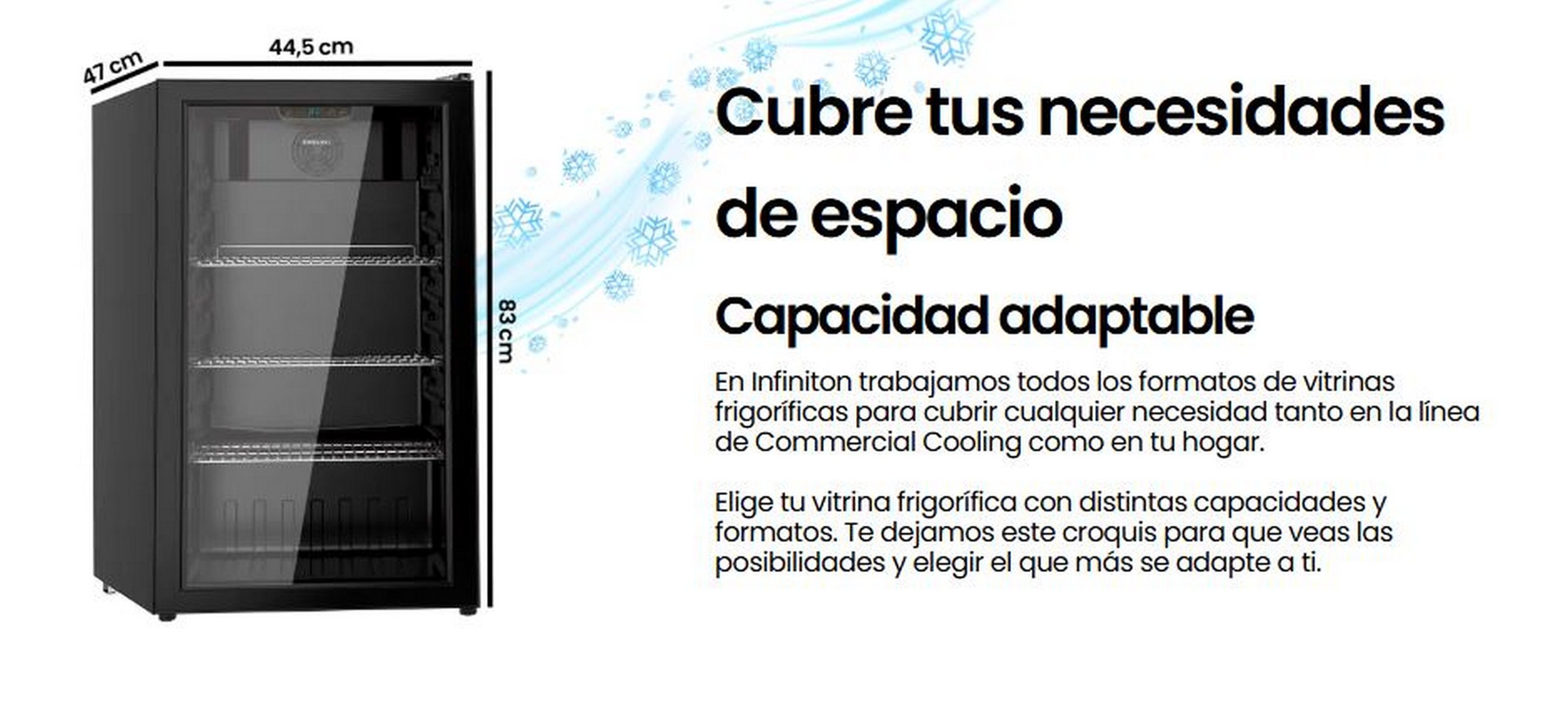 Un refrigerador negro con puerta de vidrio y estantes, con texto en español describiendo espacio y capacidad.