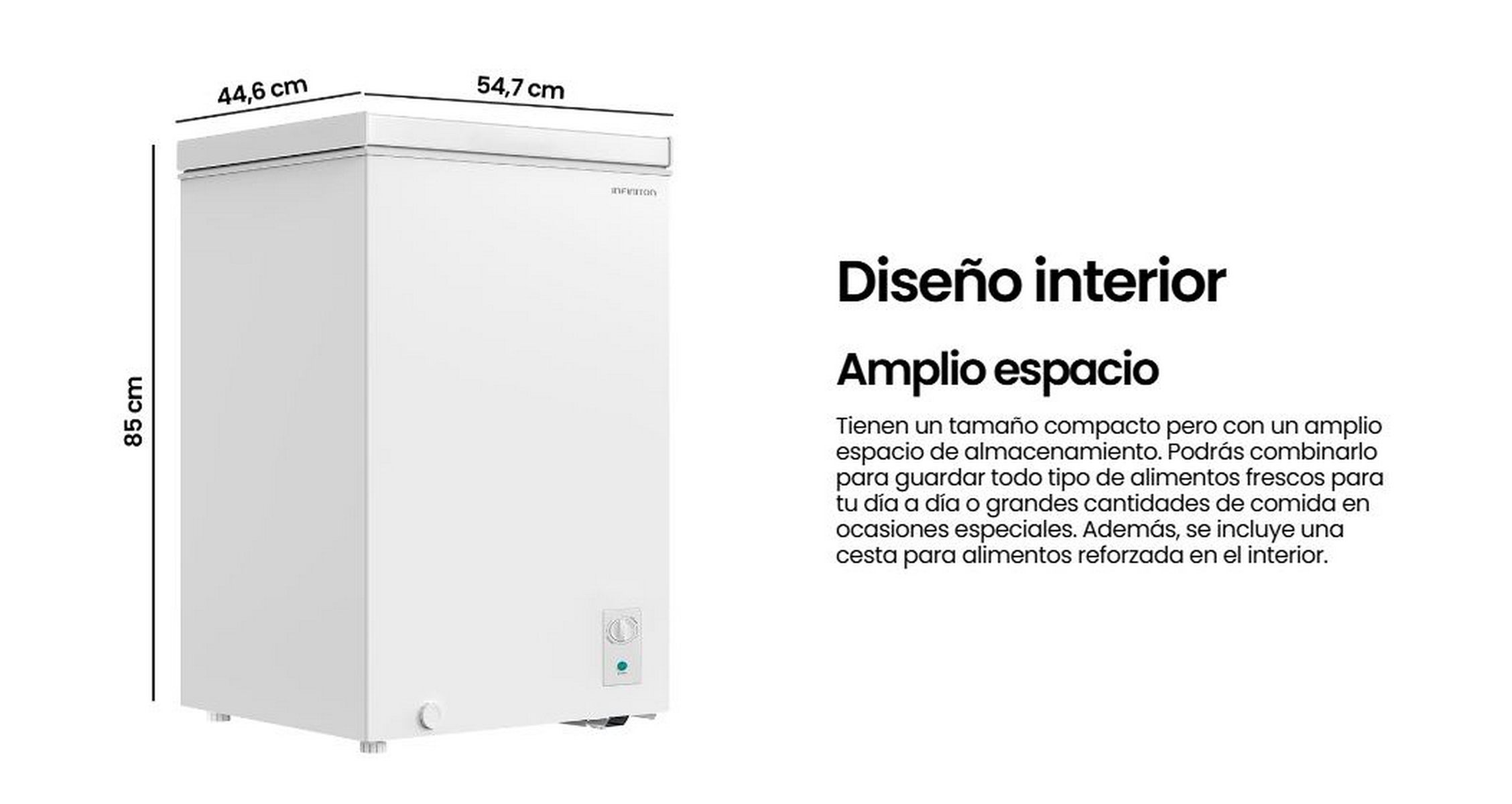 Congelador blanco con medidas y texto en español sobre diseño interior y espacio de almacenamiento.