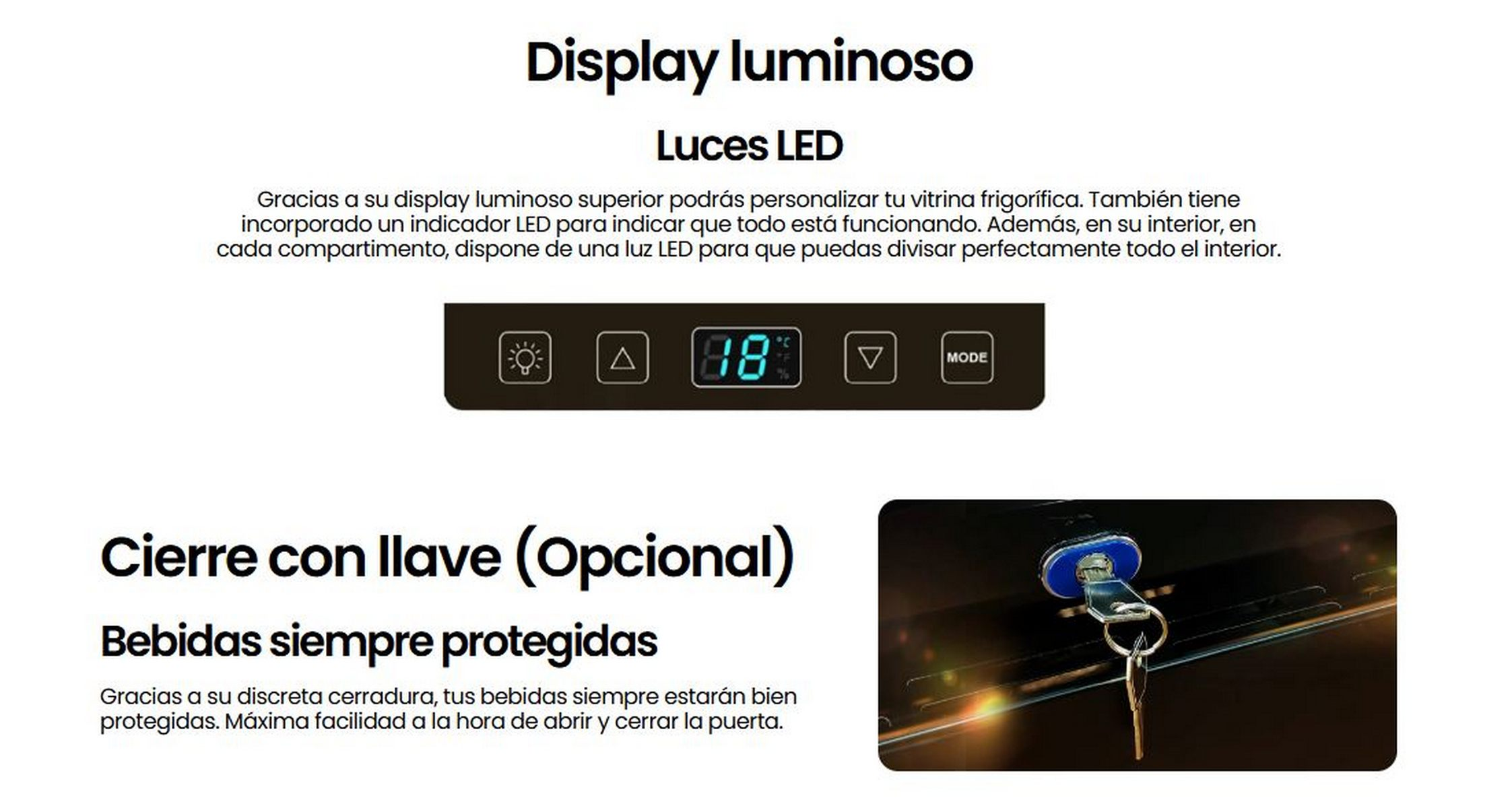 Refrigerador con pantalla digital. La pantalla muestra la temperatura y los controles. Texto en español.