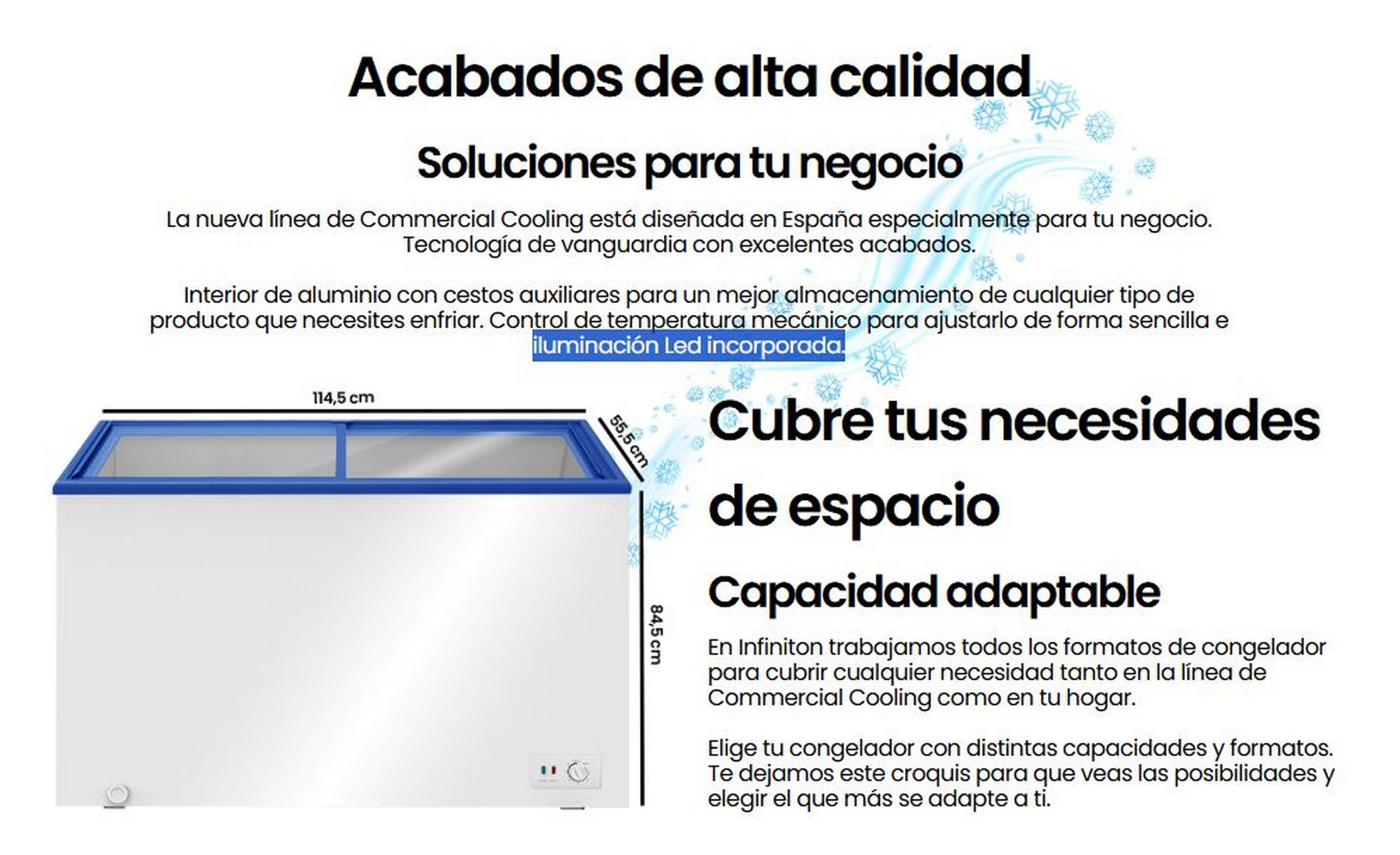 Congelador Commercial Cooling. Blanco con ribete azul. Texto sobre características y espacio.