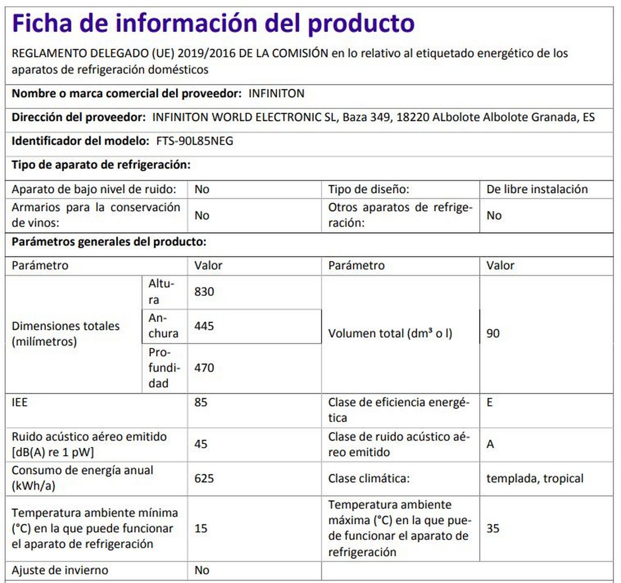 Una ficha de información del producto para un refrigerador, con varias especificaciones técnicas.