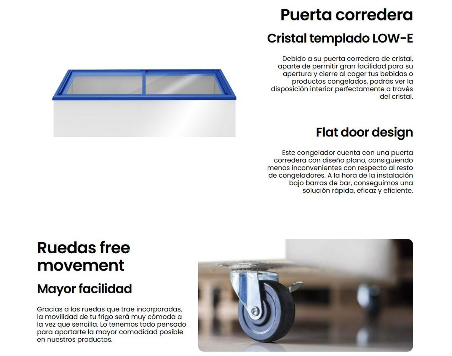 Congelador de puerta corredera con texto sobre características y una rueda.