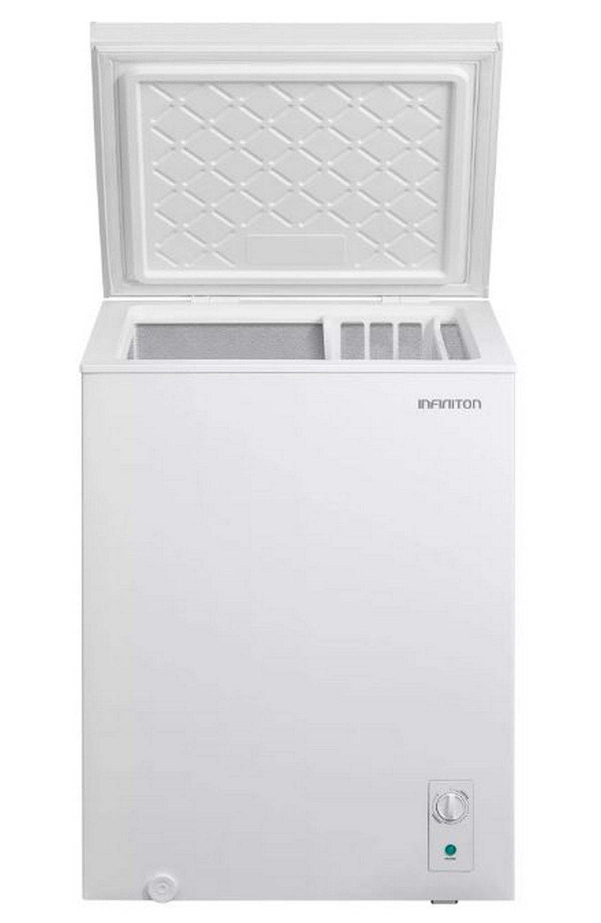 Congelador horizontal blanco con la tapa abierta, mostrando el compartimento interno.