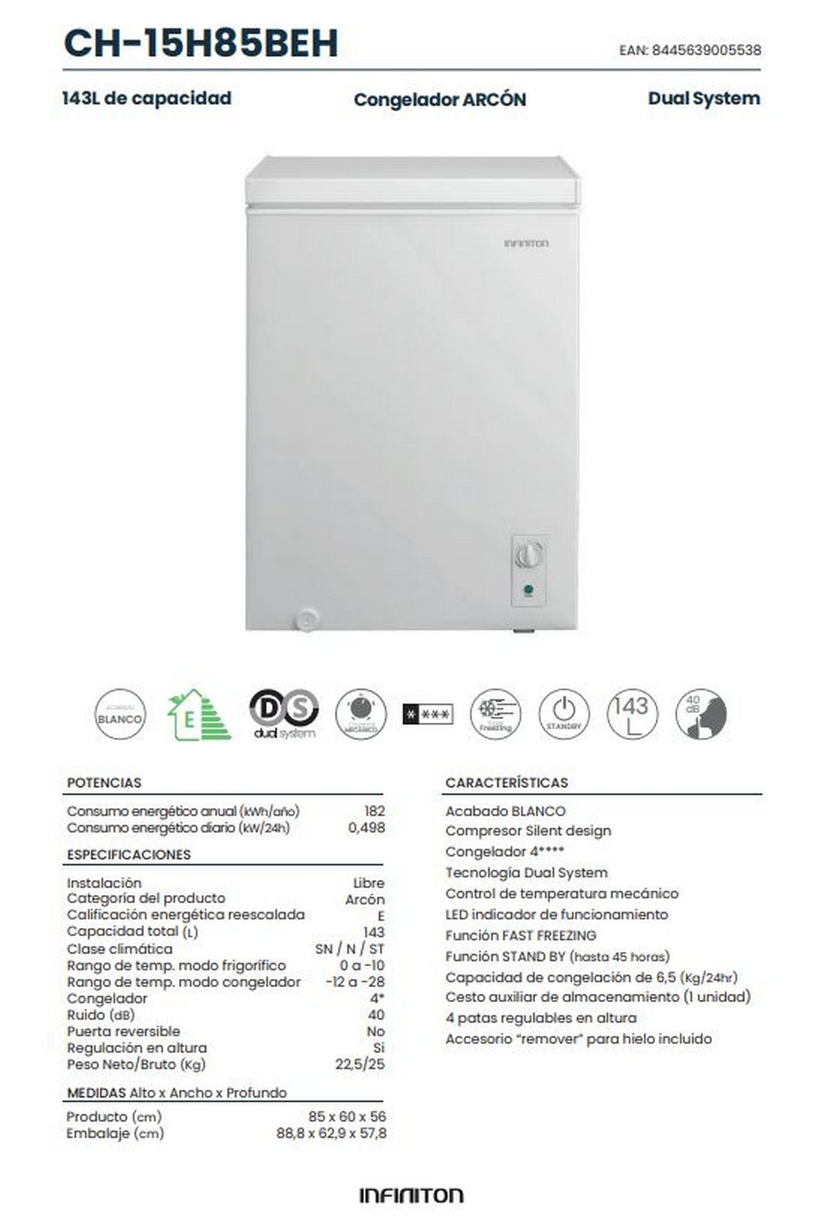 Un congelador blanco con texto y especificaciones, que incluye puerta y asa blancas.