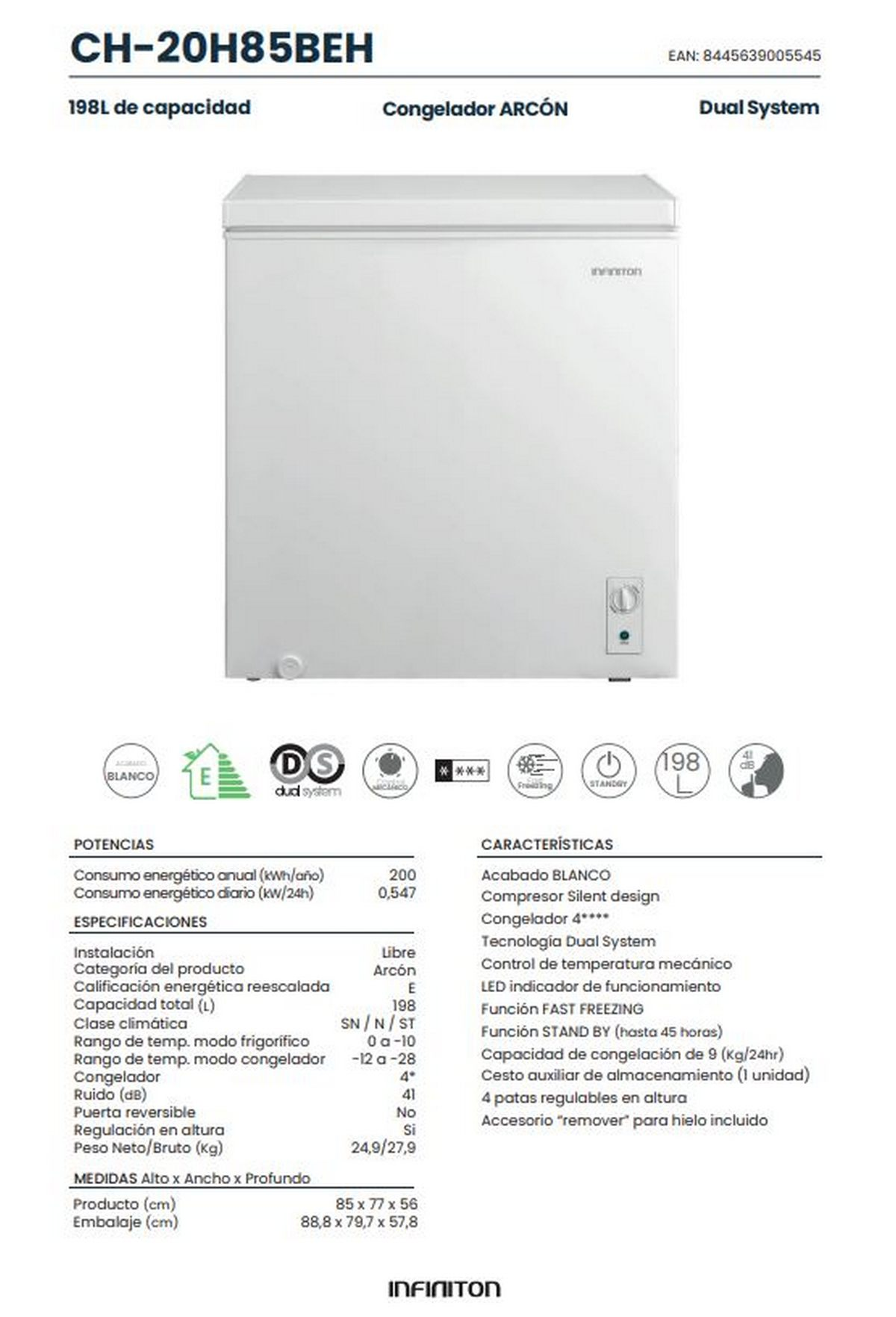 Un congelador blanco con sistema dual y especificaciones enumeradas.