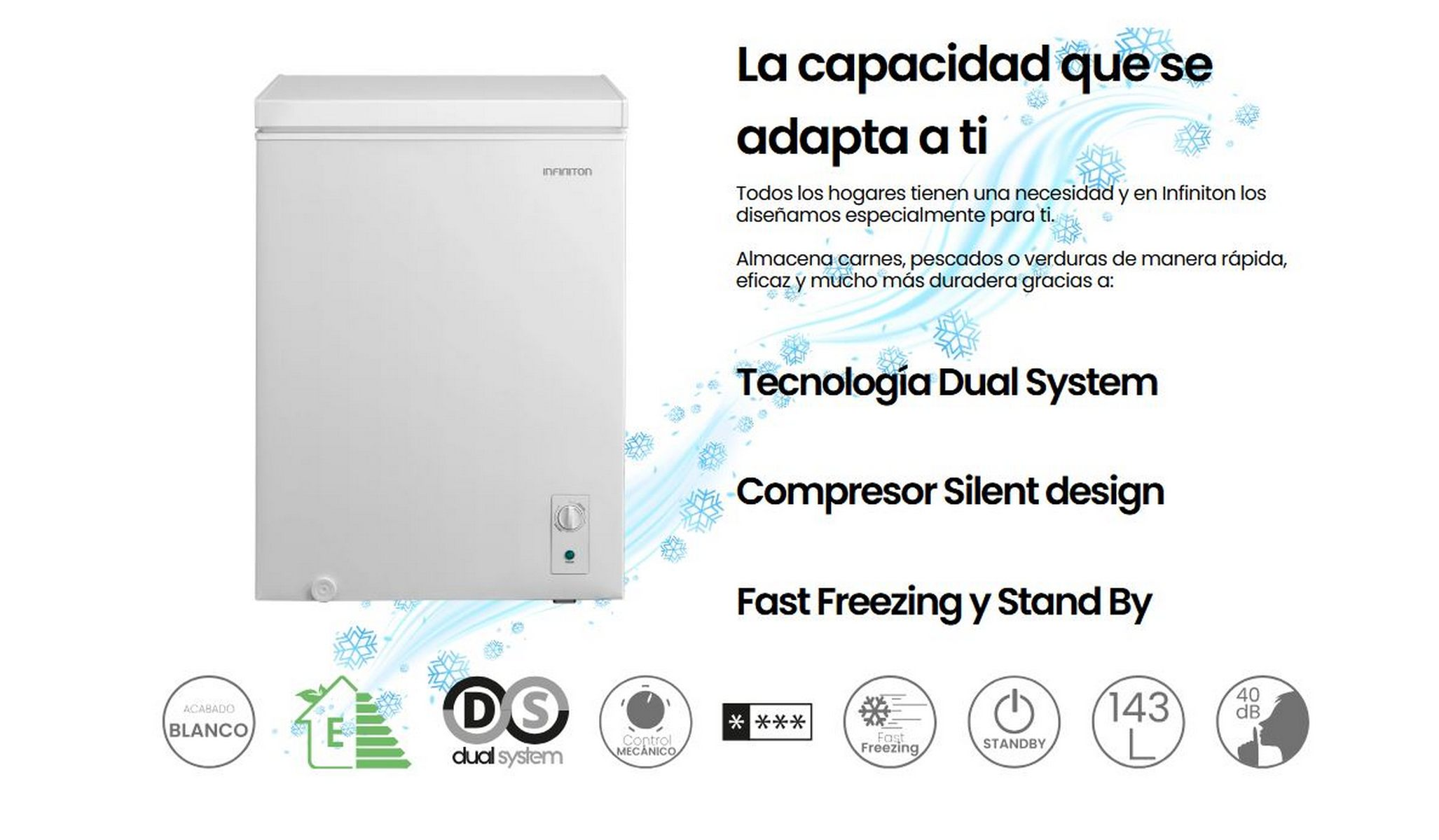 Congelador blanco con texto. El texto está en español con iconos de productos y características.