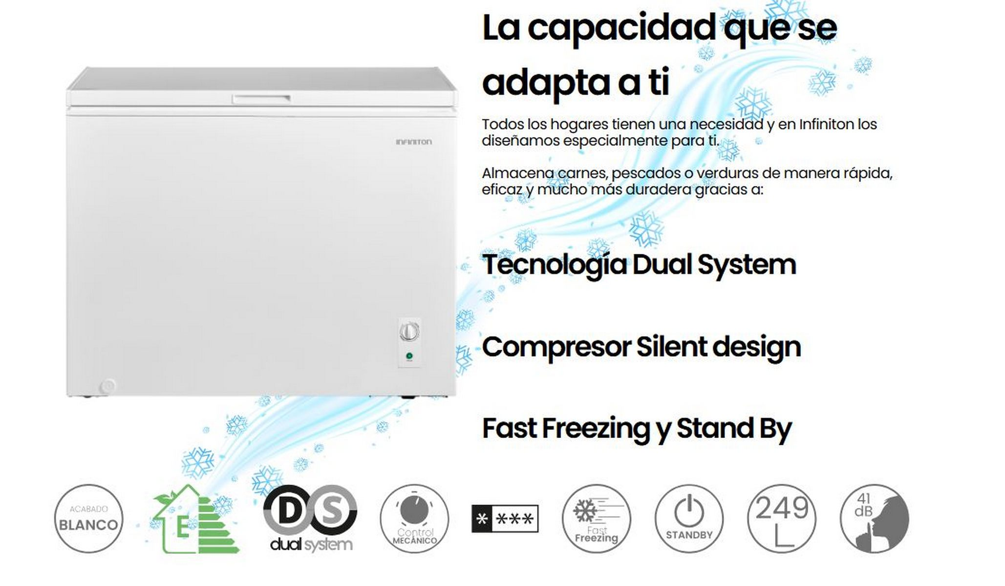 Congelador blanco con texto en español. Muestra funciones e iconos sobre fondo azul.