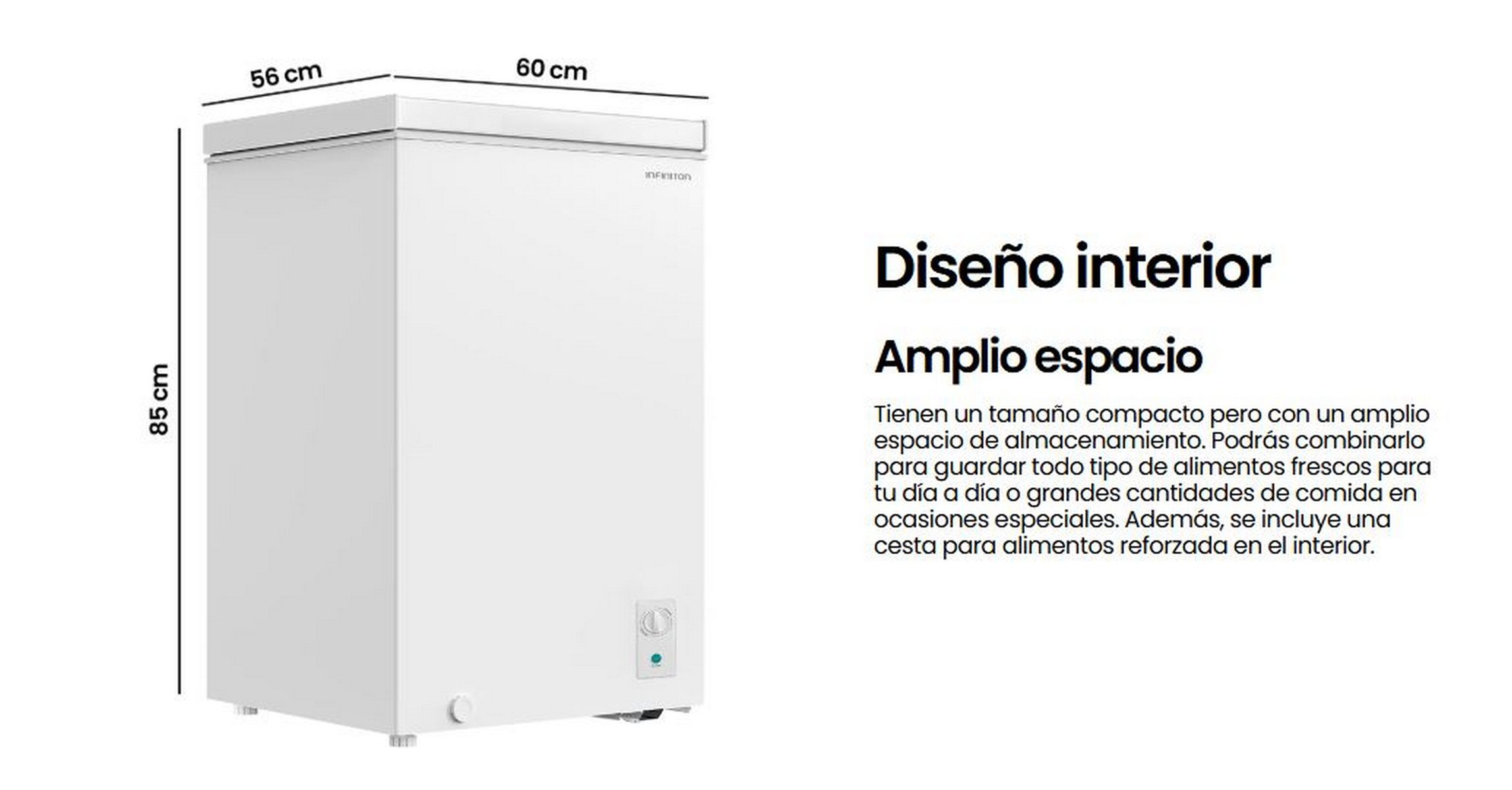 Refrigerador blanco con la puerta abierta. Texto: Diseño interior, amplio espacio, dimensiones. Sobre fondo blanco.