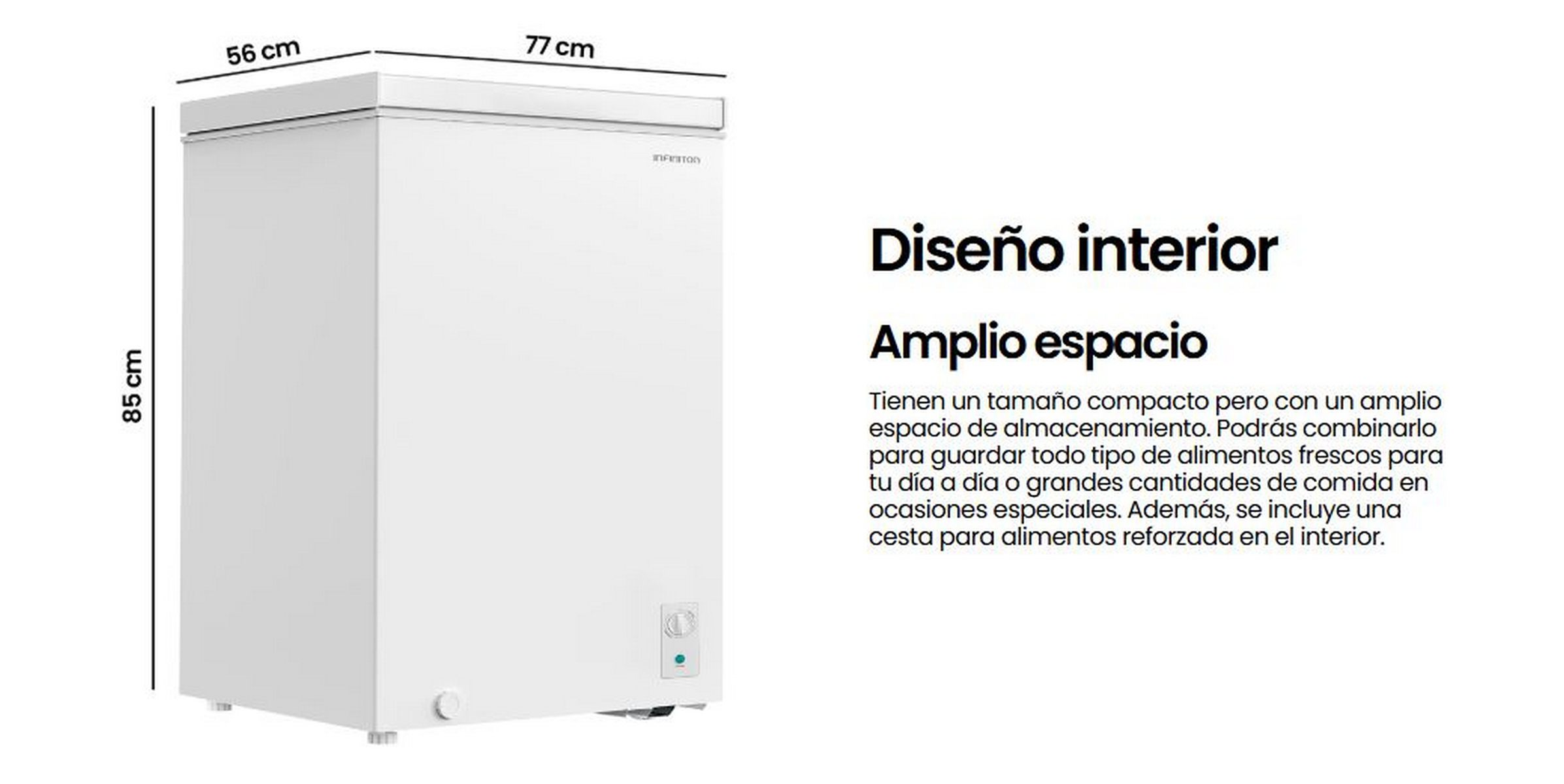 Congelador blanco con puerta abierta. Texto: Diseño interior. Amplio espacio. Dimensiones visibles.