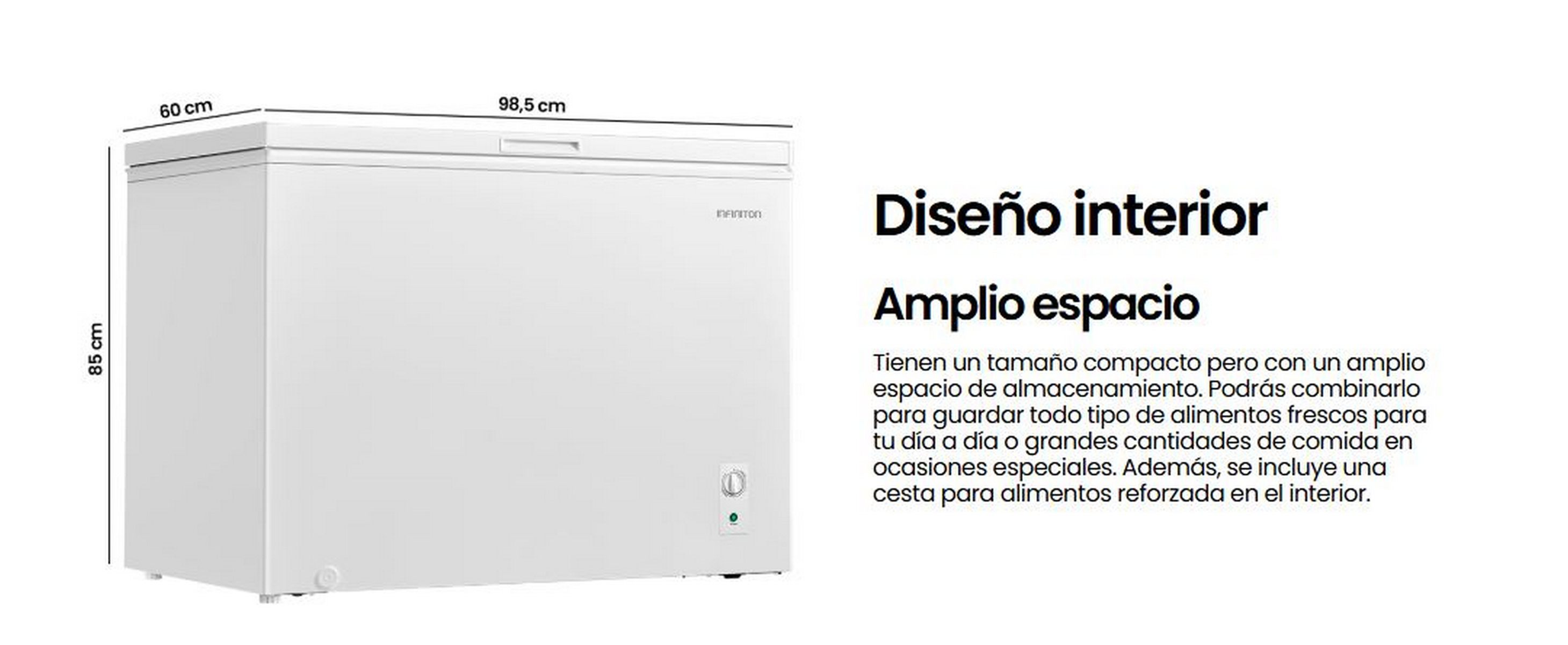 Congelador horizontal blanco con dimensiones etiquetadas. El texto describe el diseño interior y el espacio.