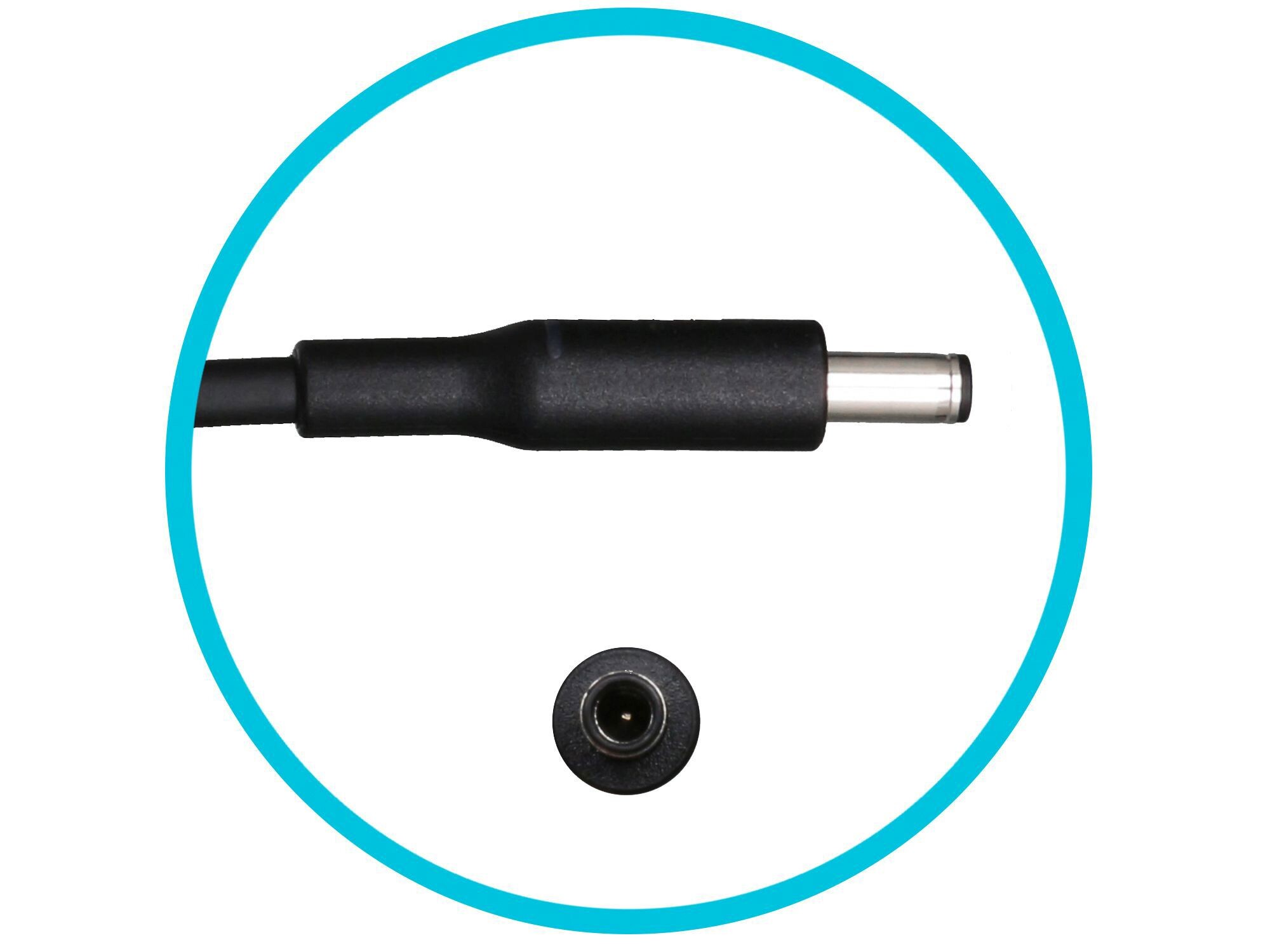 Schwarzer Netzstecker und Endanschluss blau umkreist.
