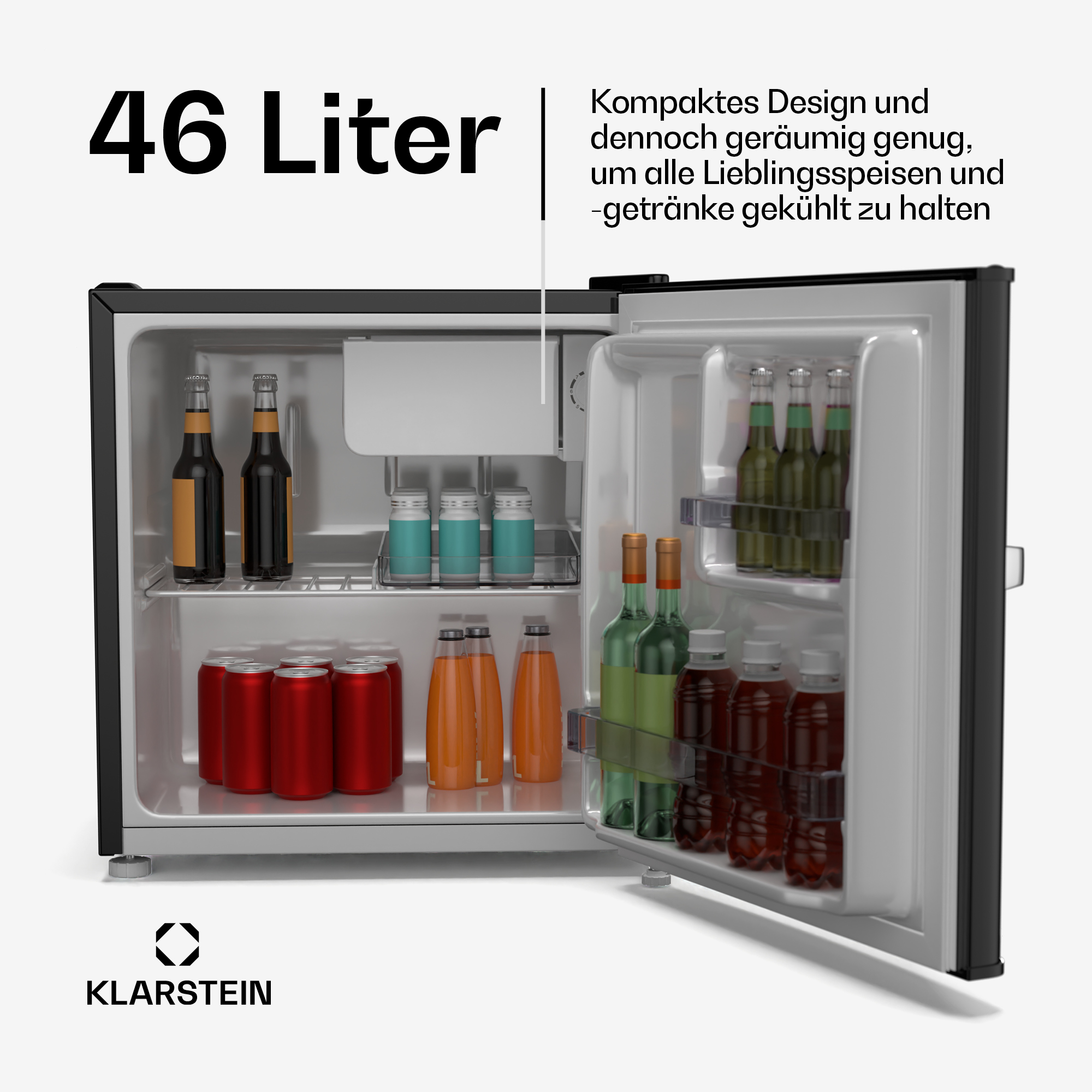 Kleiner schwarzer Kühlschrank mit Speisen und Getränken im Inneren, Text links.