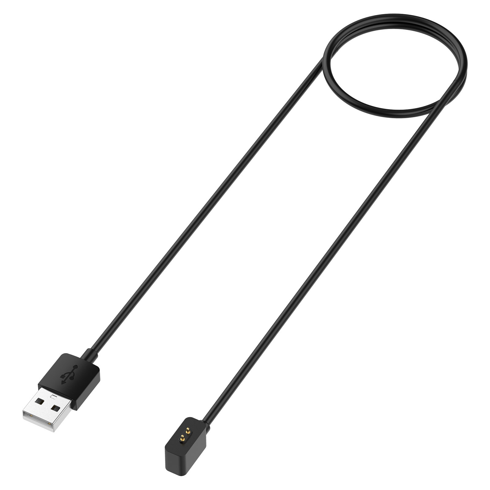 Schwarzes USB-Ladekabel mit USB-A-Stecker an einem Ende und kleinem Stecker am anderen.