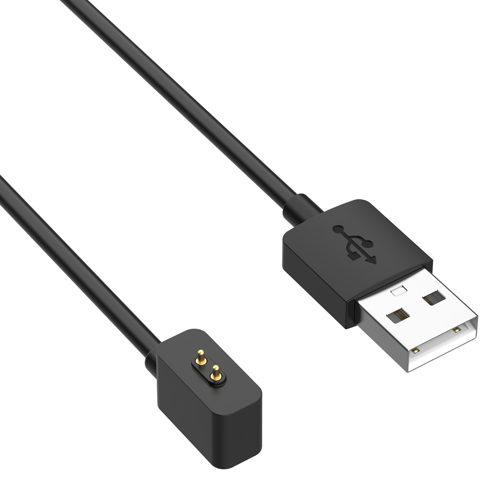 Schwarzes USB-Ladekabel mit USB- und Ladeanschluss.