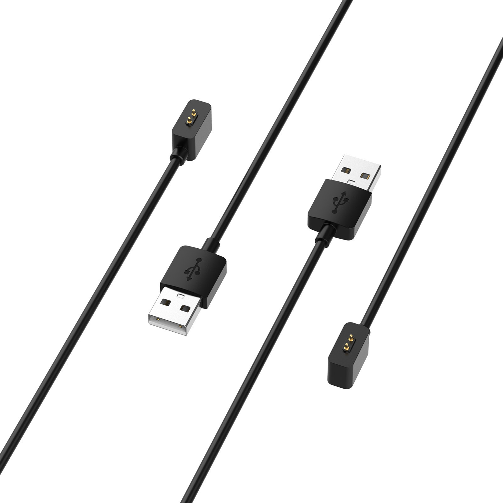Schwarze Ladekabel mit USB- und Magnetanschlüssen. Weißer Hintergrund.